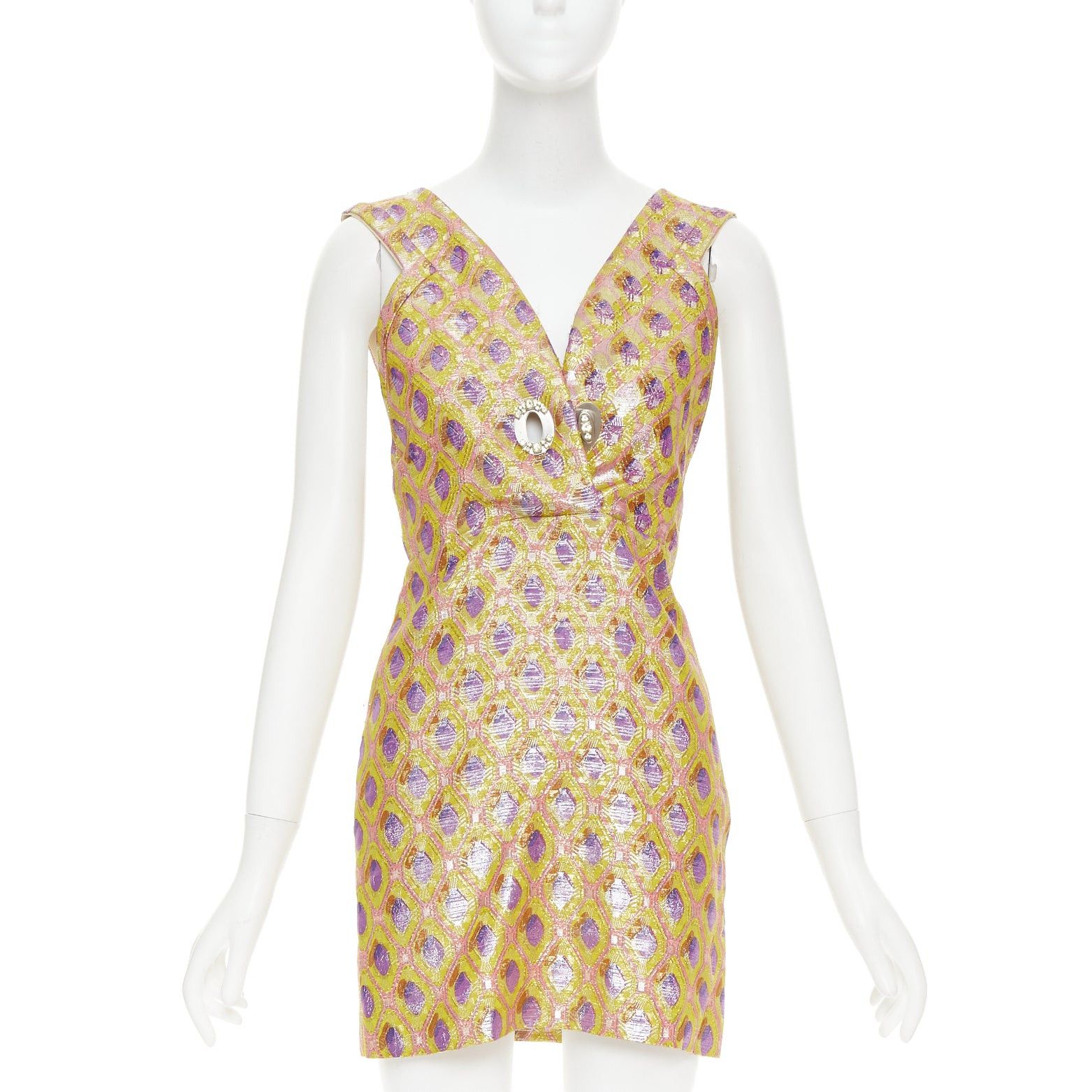 Miu Miu MIU MIU 2009 yellow purple silk wool blend abstract jacquard turnlock dress IT36 XXS Size XS / US 0-2 / IT 36-38 - 1 Thumbnail