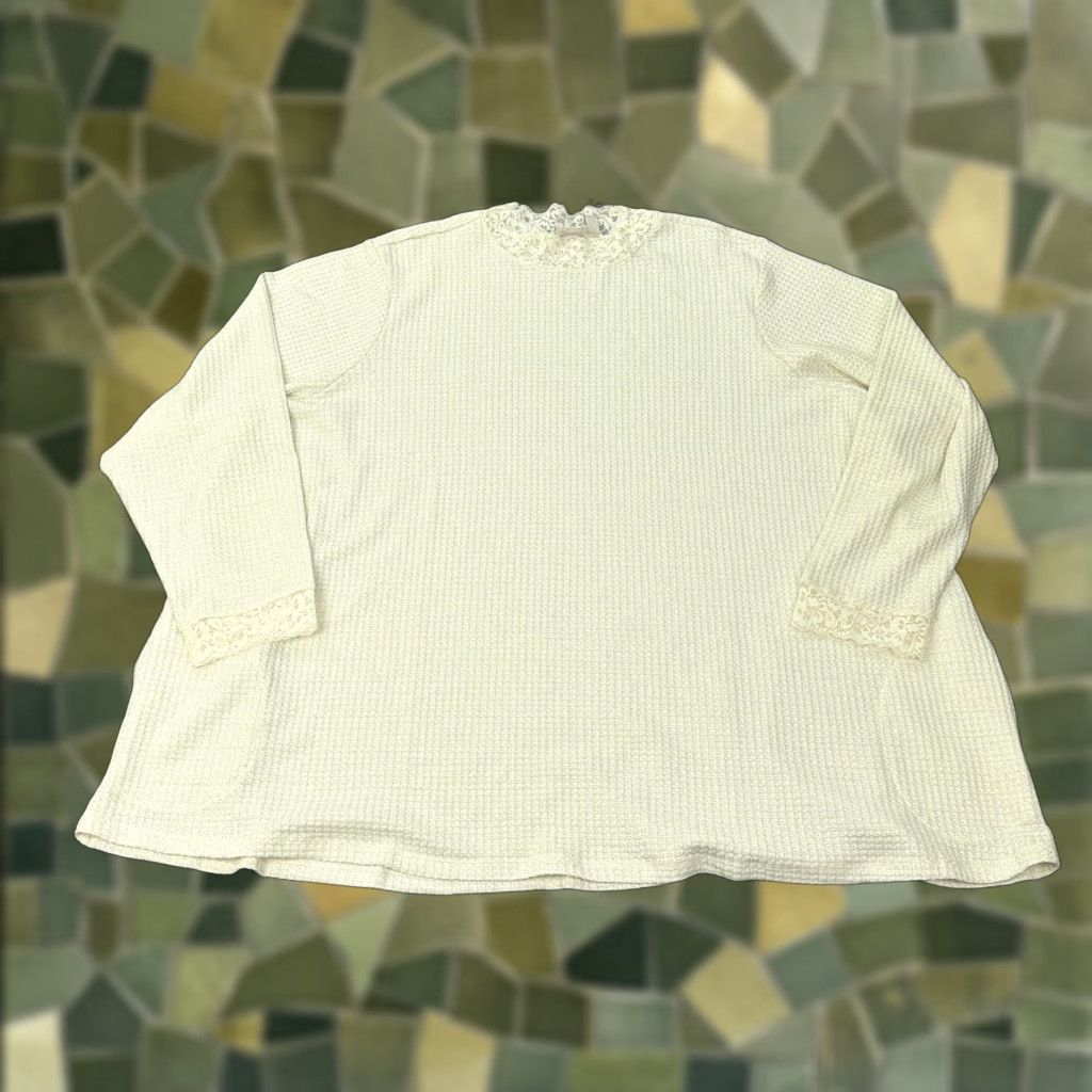 Vintage LOGO Lori Goldstein Shirt Womens 5X White Lace Trim Waffle Knit Long Sleeve Top Size XXL / US 16-18 / IT 52-54 - 1 Thumbnail