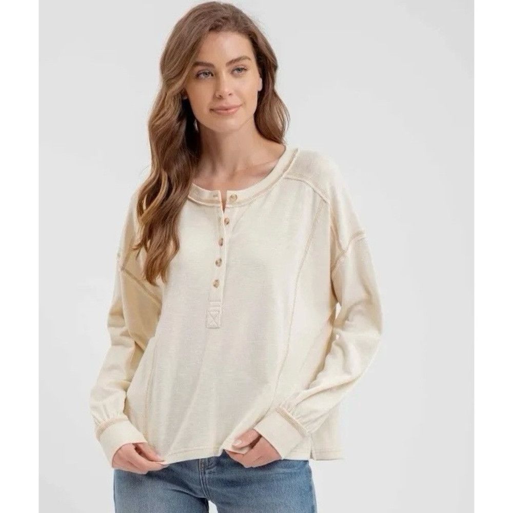 Other NWT New Blu Pepper Contrast Stitch Long Sleeve Henley Ivory Size S / US 4 / IT 40 - 1 Thumbnail