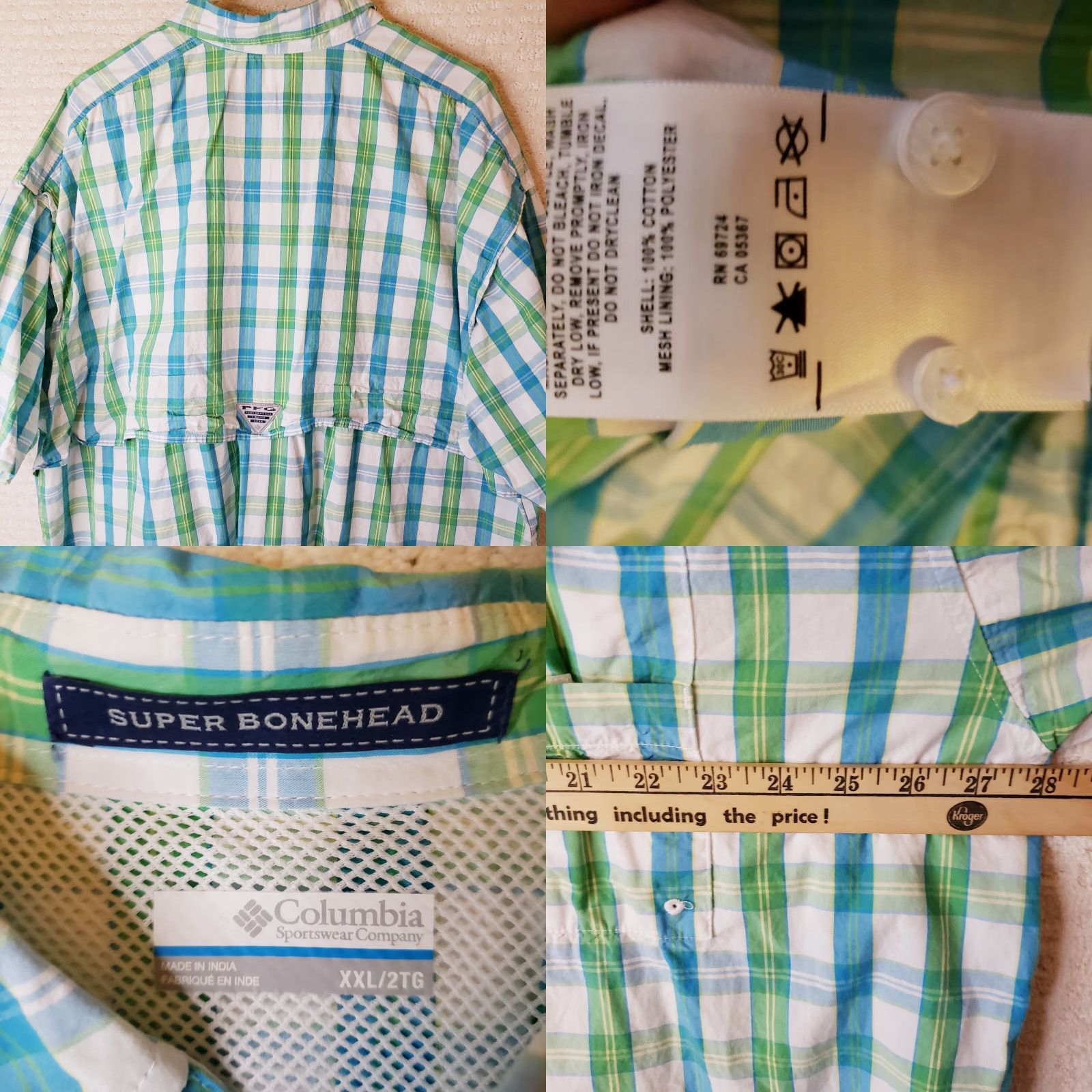 Vintage Columbia PFG Super Bonehead Fishing Shirt XXL Blue Green Plaid Short Sleeve Button-Up Size US XXL / EU 58 / 5 - 9 Thumbnail