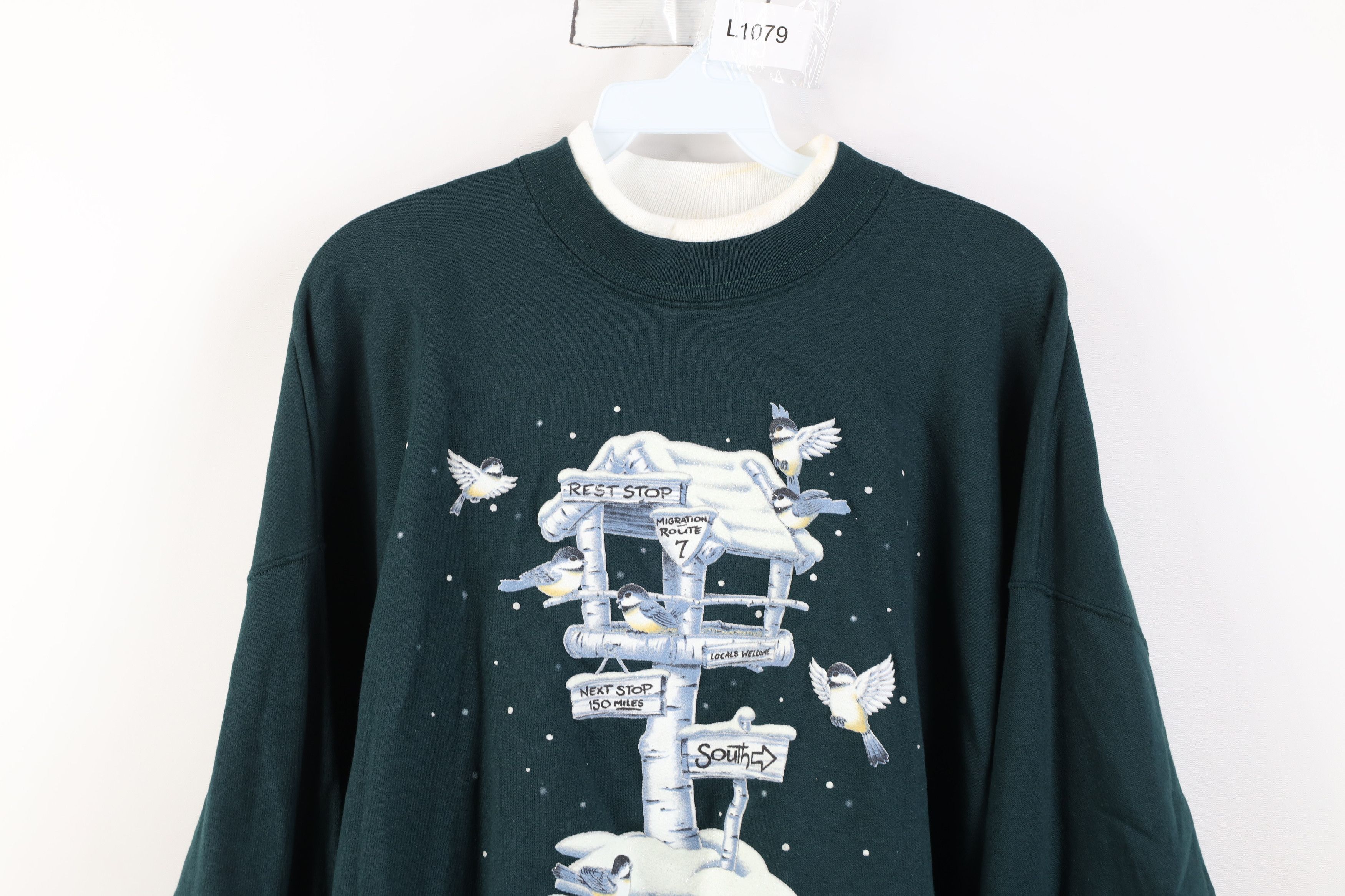 Vintage Vintage 90s Streetwear Nature Snow Birds Sweatshirt Green Size XL / US 12-14 / IT 48-50 - 2 Thumbnail
