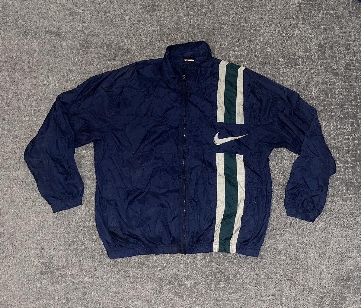 Nike × Vintage Nike 90s Vintage Navy Green Big Logo Windbreaker Jacket Size US L / EU 52-54 / 3 - 1 Thumbnail
