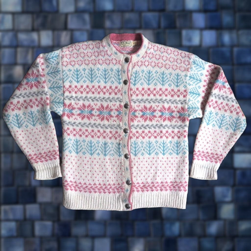 Vintage VTG LL Bean Freeport Cardigan Sweater Pink Wool Fair Isle 70s L Womens Button Decade 1970s Boho Casual ID? Size L / US 10 / IT 46 - 1 Thumbnail