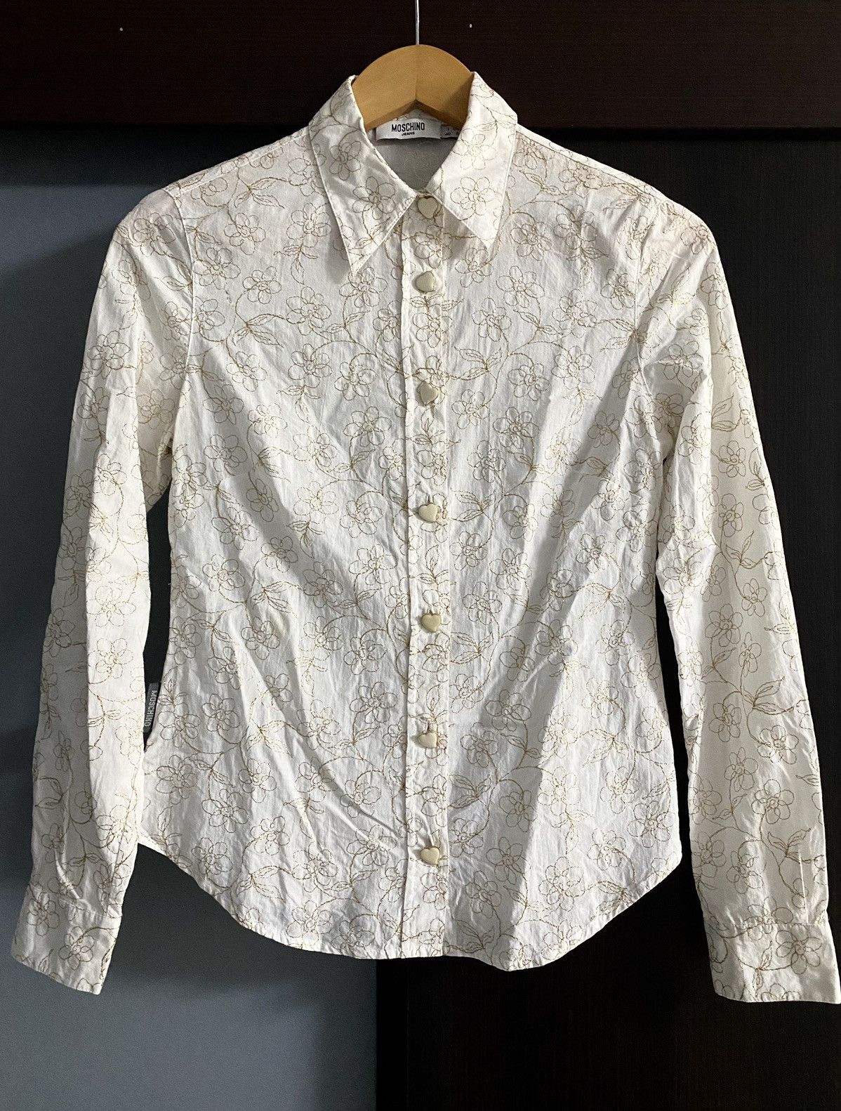 Moschino Women’s Moschino White Shirt Golden Floral Embroidery Decor Size S / US 4 / IT 40 - 2 Thumbnail