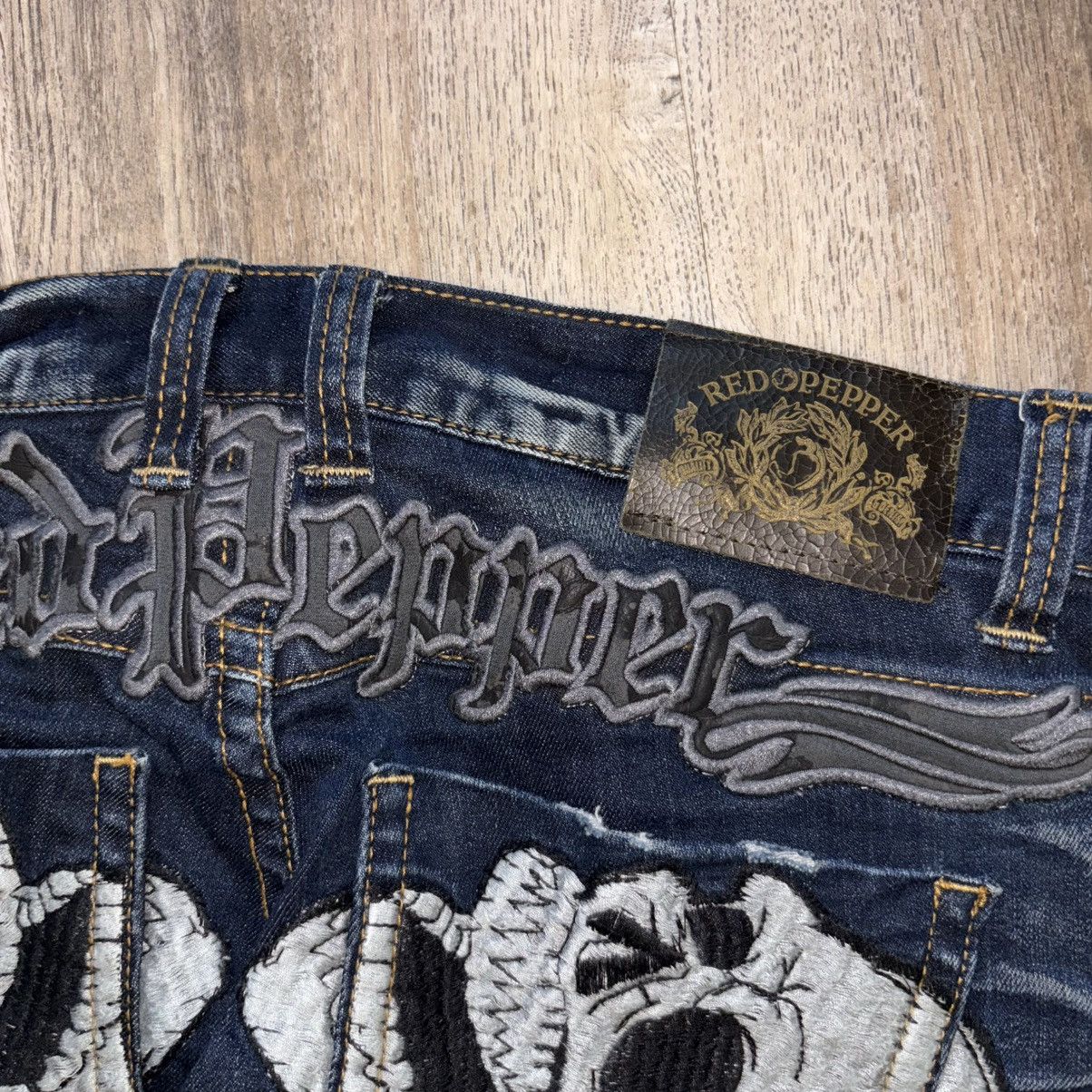Japanese Brand VTG Rare Red Pepper Japanese Denim Embroidered Skull Jorts Size US 32 / EU 48 - 4 Thumbnail