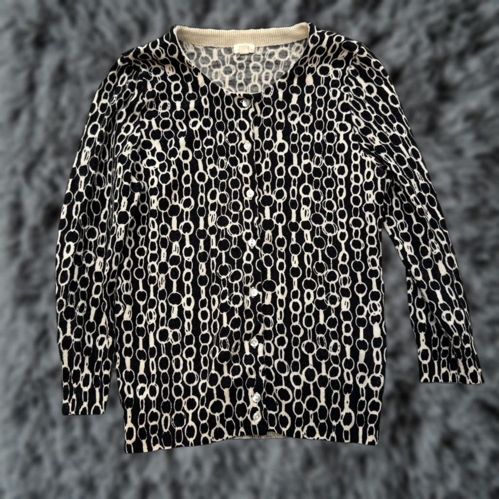 J.Crew J.CREW Cardigan Sweater XS Black Beige 100% Merino Wool Geometric Crew Neck Button Front Women Size XS / US 0-2 / IT 36-38 - 1 Thumbnail