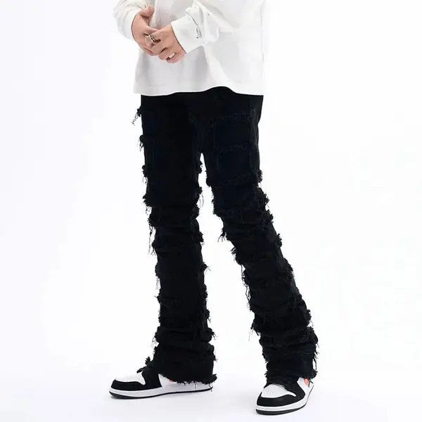 Jean Black Striped Tassel Frayed Straight Baggy Jeans Pants Size US 32 / EU 48 - 6 Thumbnail