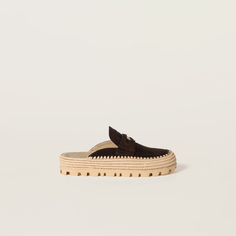 Miu Miu o1B3y1r0526 Suede and Raffia Flatform Mules in Brown Size US 9 / IT 39 - 1 Thumbnail