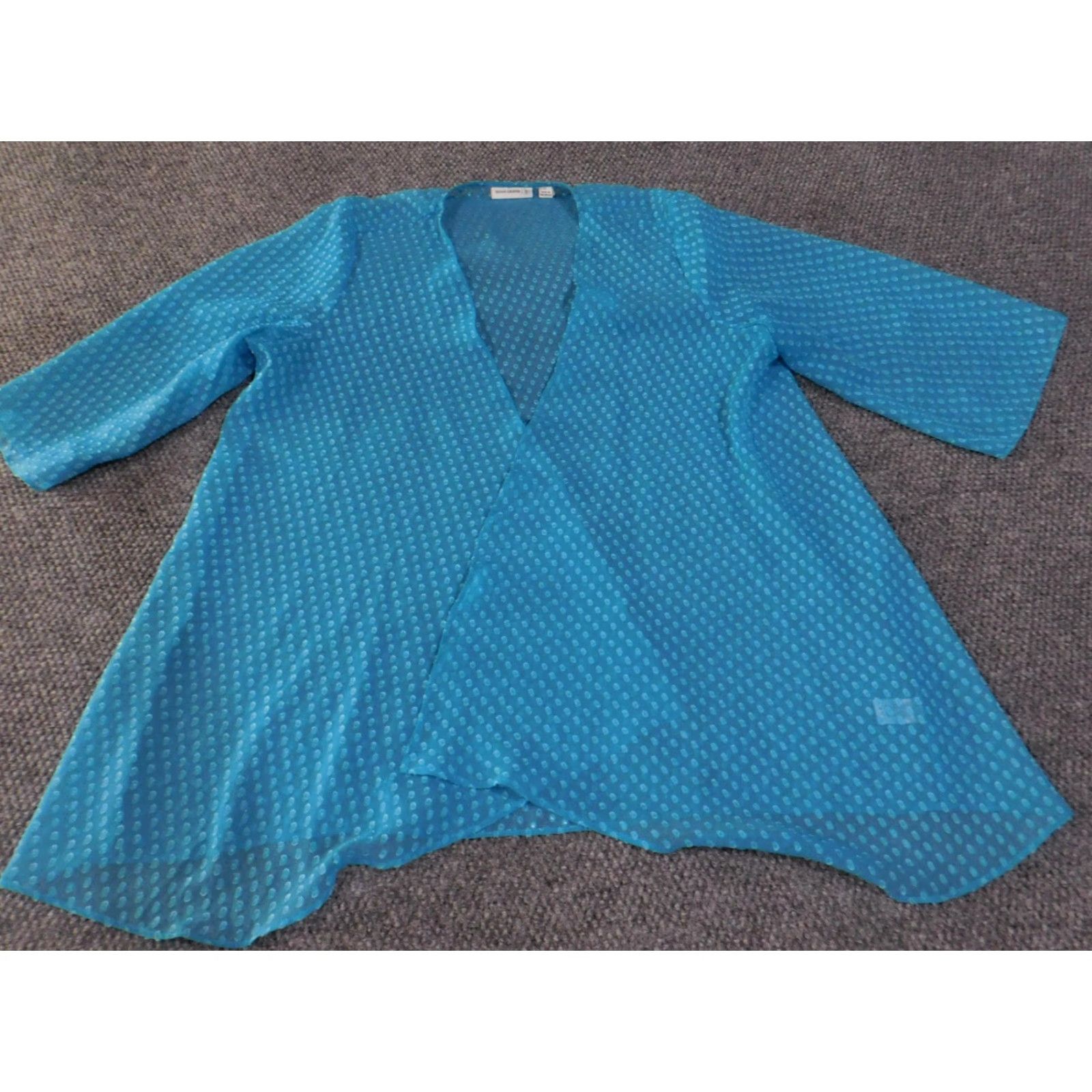 Vintage Susan Graver Blouse Kimono Cardigan Womens L Blue 3/4 Sleeve Sheer Open Front Topper Polka Dot Lightweight Open Front Size L / US 10 / IT 46 - 4 Thumbnail