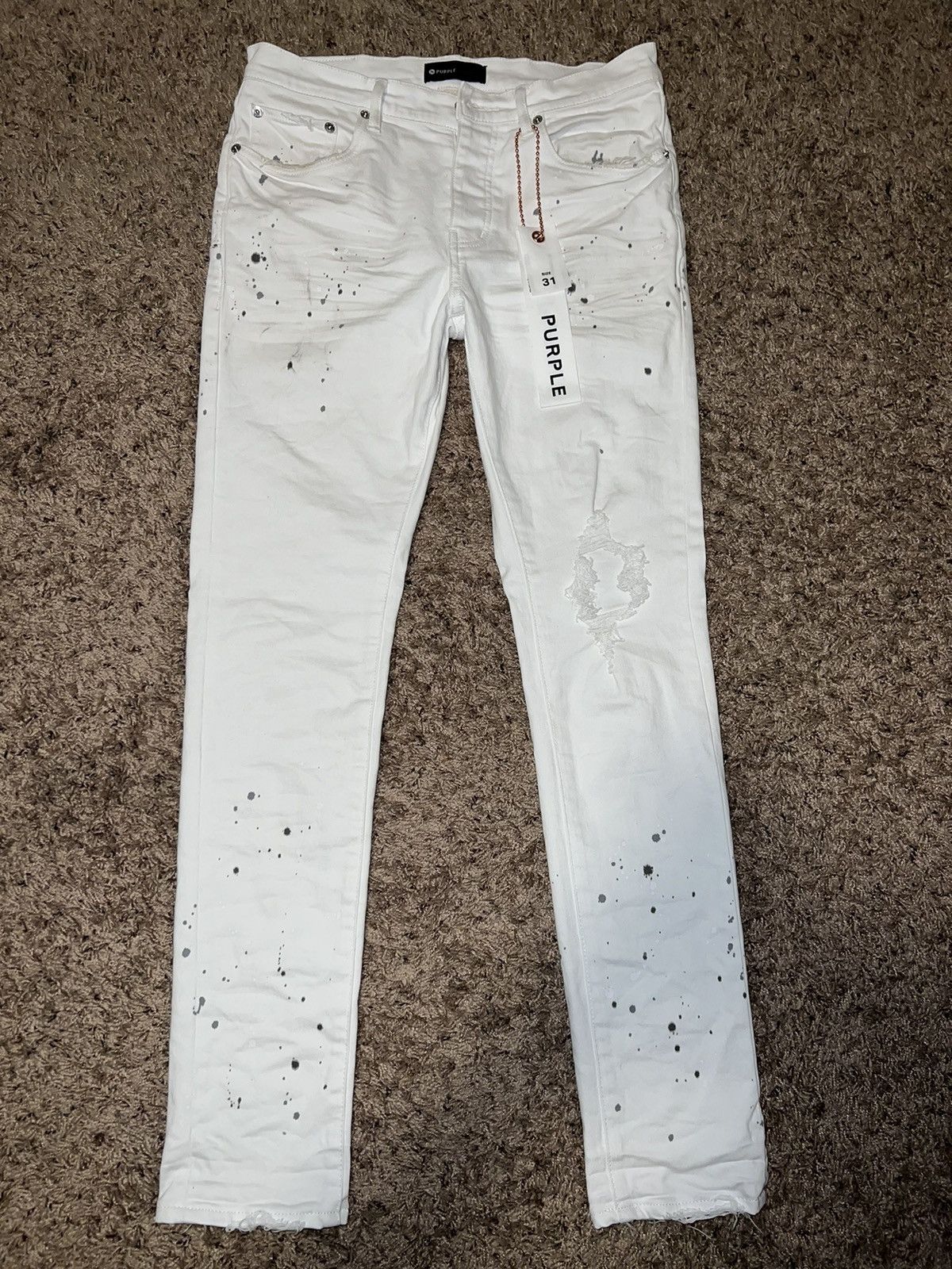 Image of Purple Brand P001 Optic White Paint Blowout, Men's (Size 31)