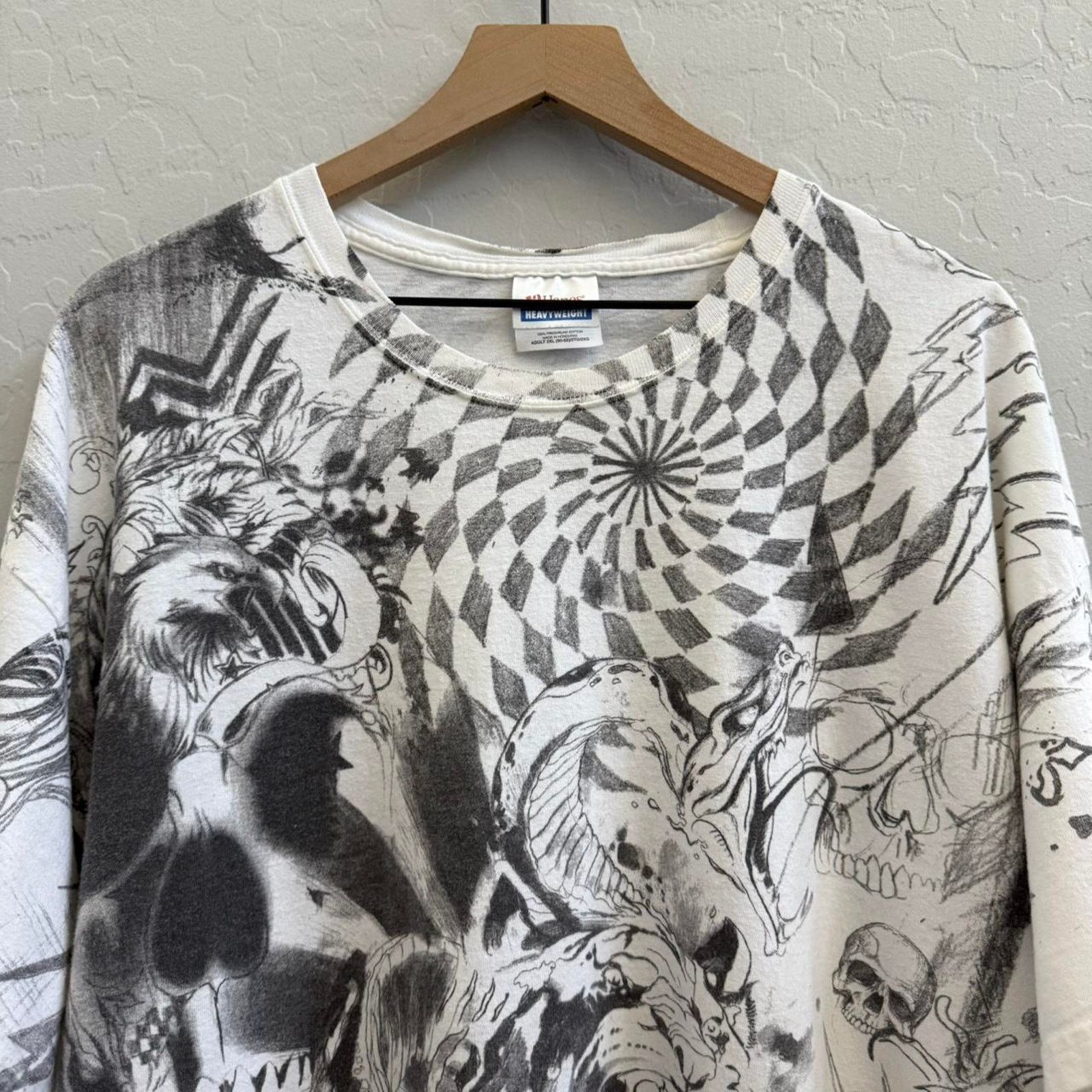 Hanes Vintage y2k Sketched Drawn AOP T-Shirt Hand Drawn Size US XXL / EU 58 / 5 - 2 Thumbnail