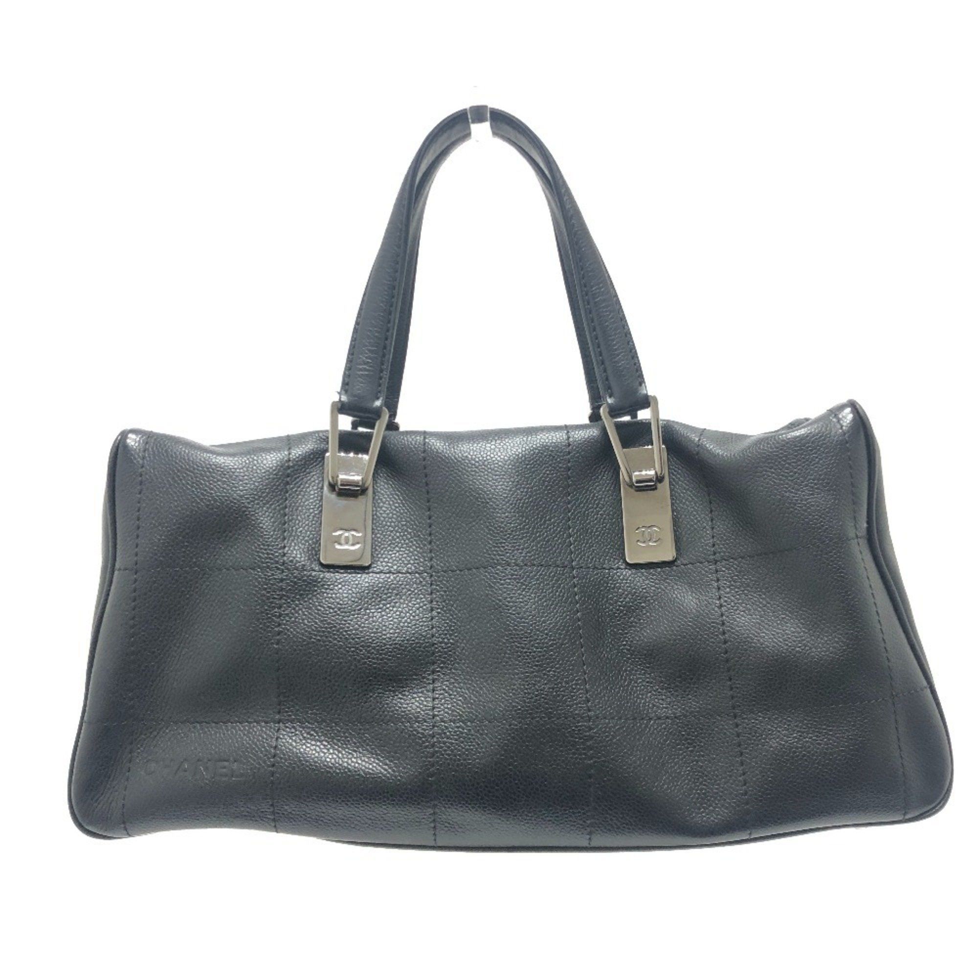 Chanel Chocolate Bar Mini Boston Bag Handbag Back Soft Caviar Skin Women's Black