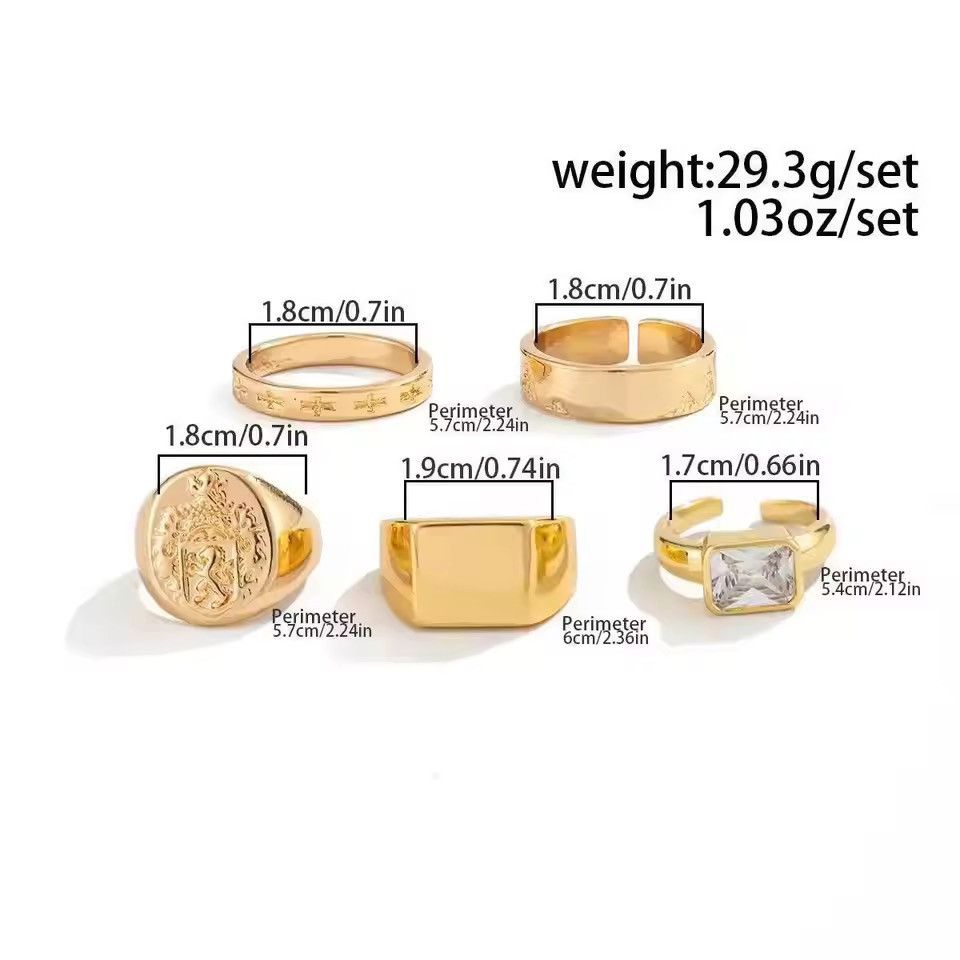 Jewelry 5Pcs/Set Punk Vintage Square Rhinestone Rings Size ONE SIZE - 6 Thumbnail