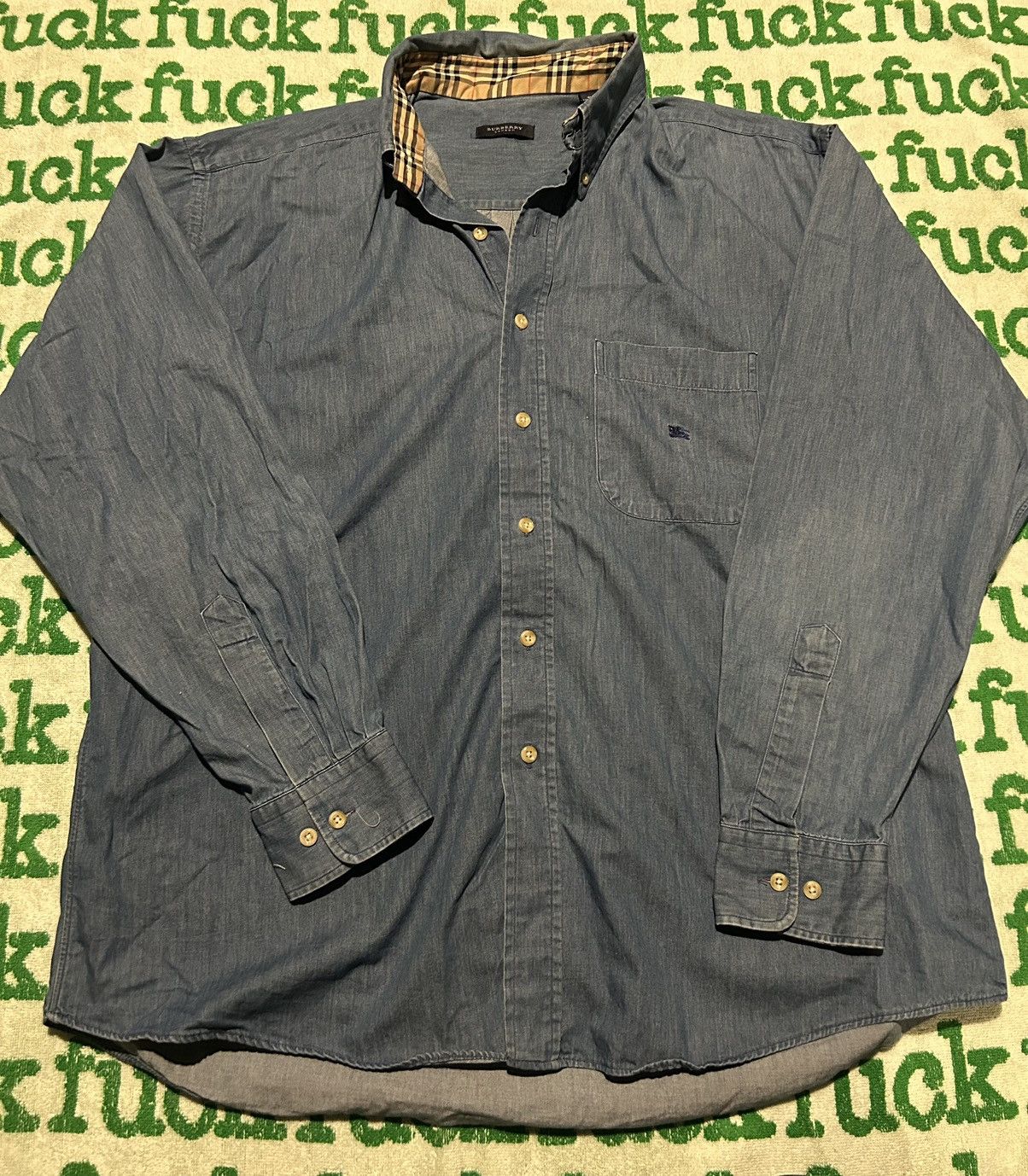 Image of Burberry Denim Button Up in Blue, Men's (Size XL)