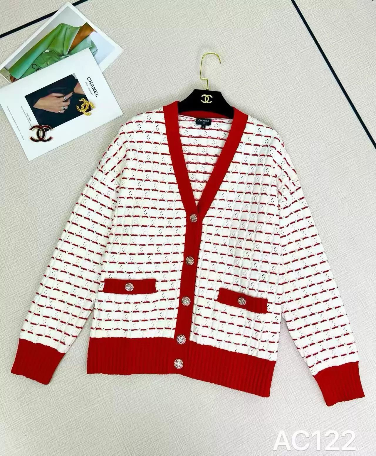 Chanel Chanel 23C Cruise Red & White Stripe Knit Cardigan 40 Size M / US 6-8 / IT 42-44 - 1 Thumbnail