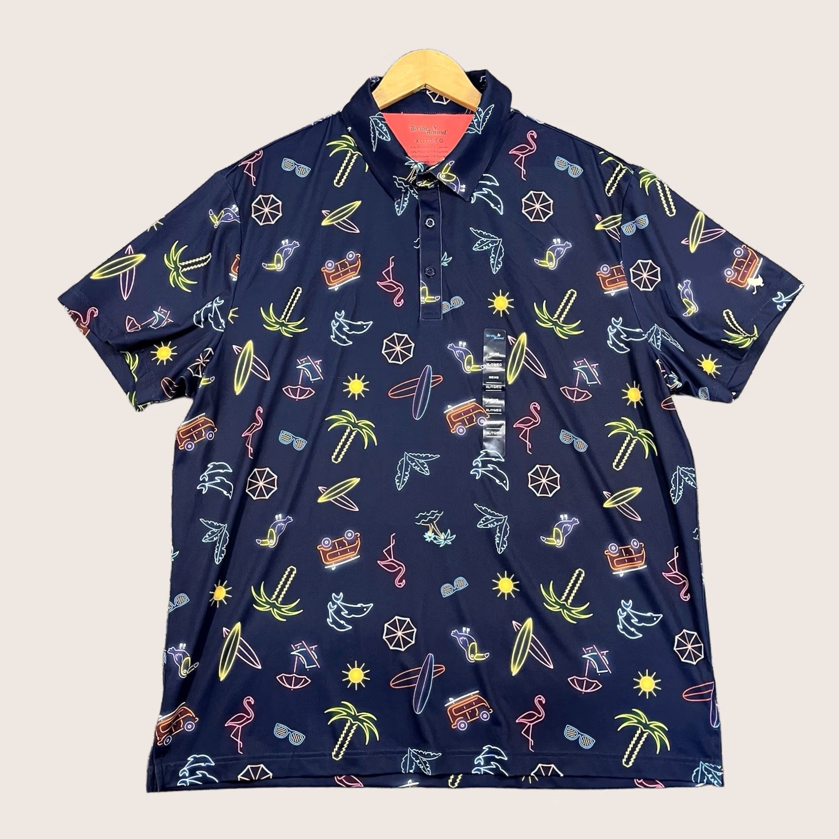 Vintage Birdie Bound Performance Stretch Golf Polo Neon Tropical Surf Print Men’s XL NEW Size US XL / EU 56 / 4 - 1 Thumbnail