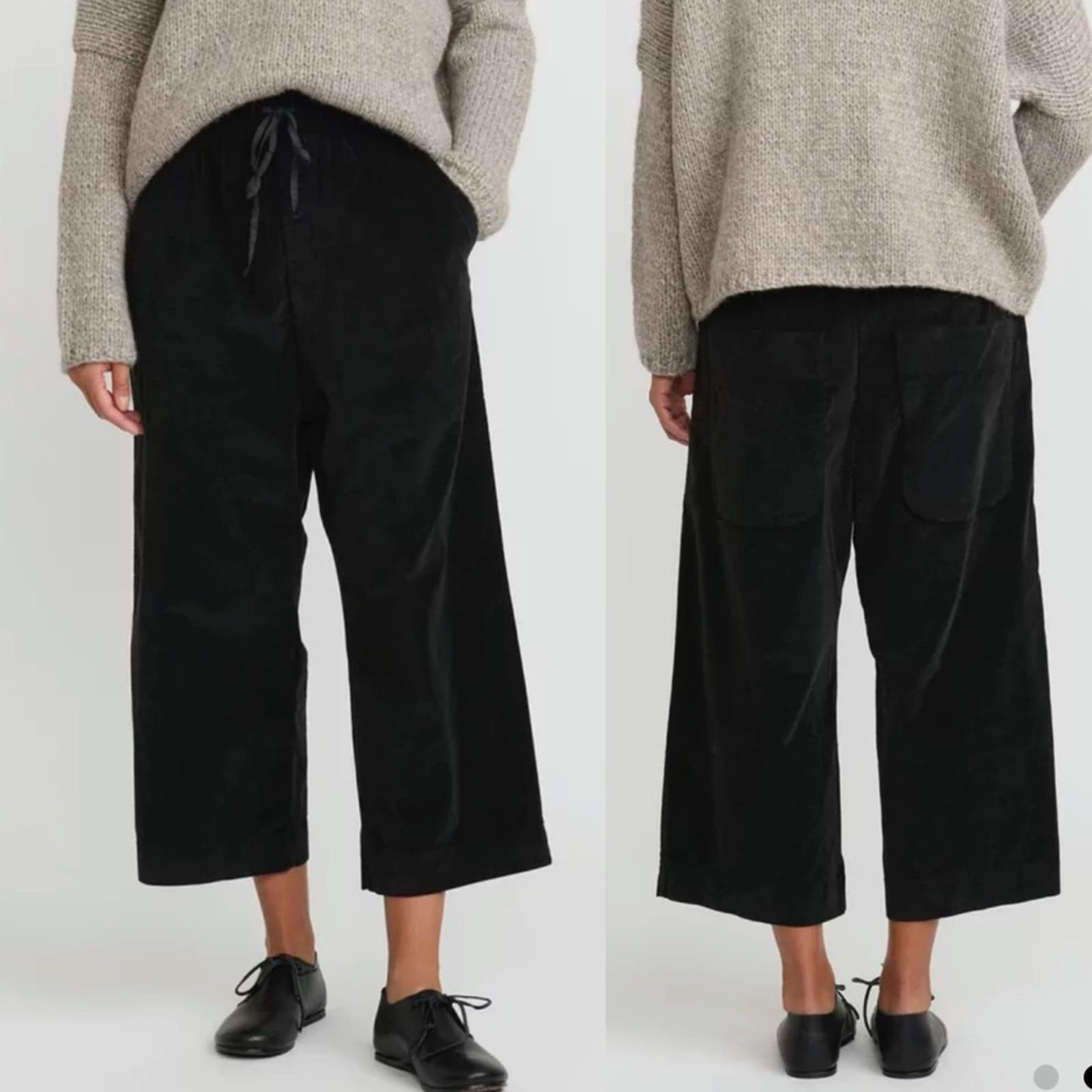 image of Album Di Famiglia Cotton Velvet Cropped Wide Leg Pants in Black, Women's (Size 24)
