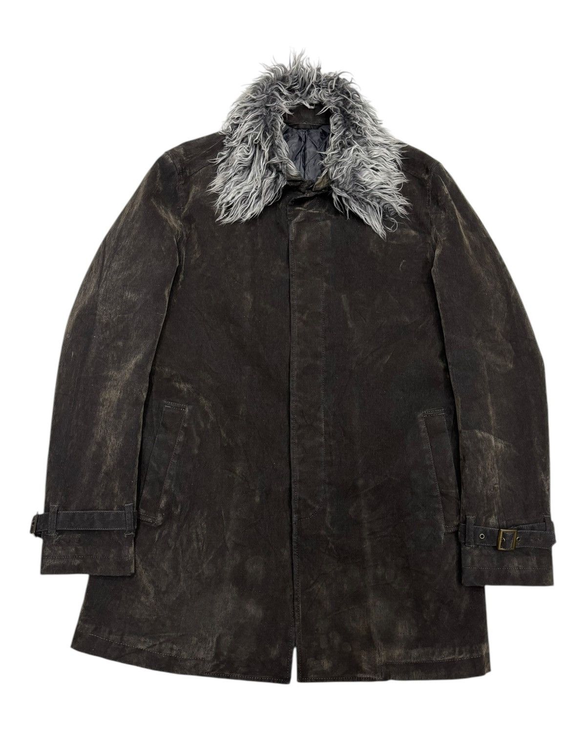 🔥VINTAGE HAMNETT FAUX FUR COLLAR WAXED OVERCOAT JACKET