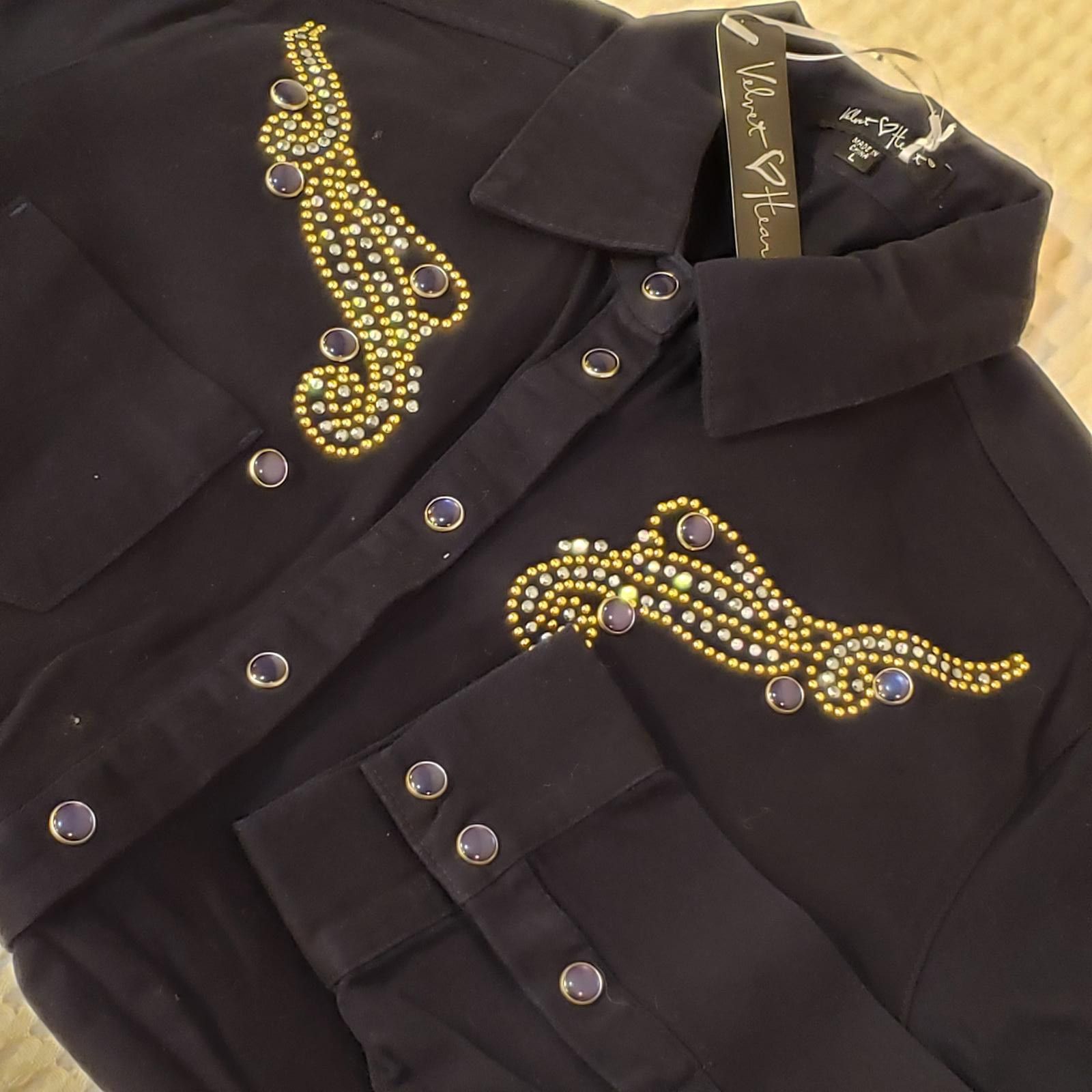Other Black Long Sleeve Button-Up Shirt with Gold and Rhinestones Size L / US 10 / IT 46 - 6 Thumbnail