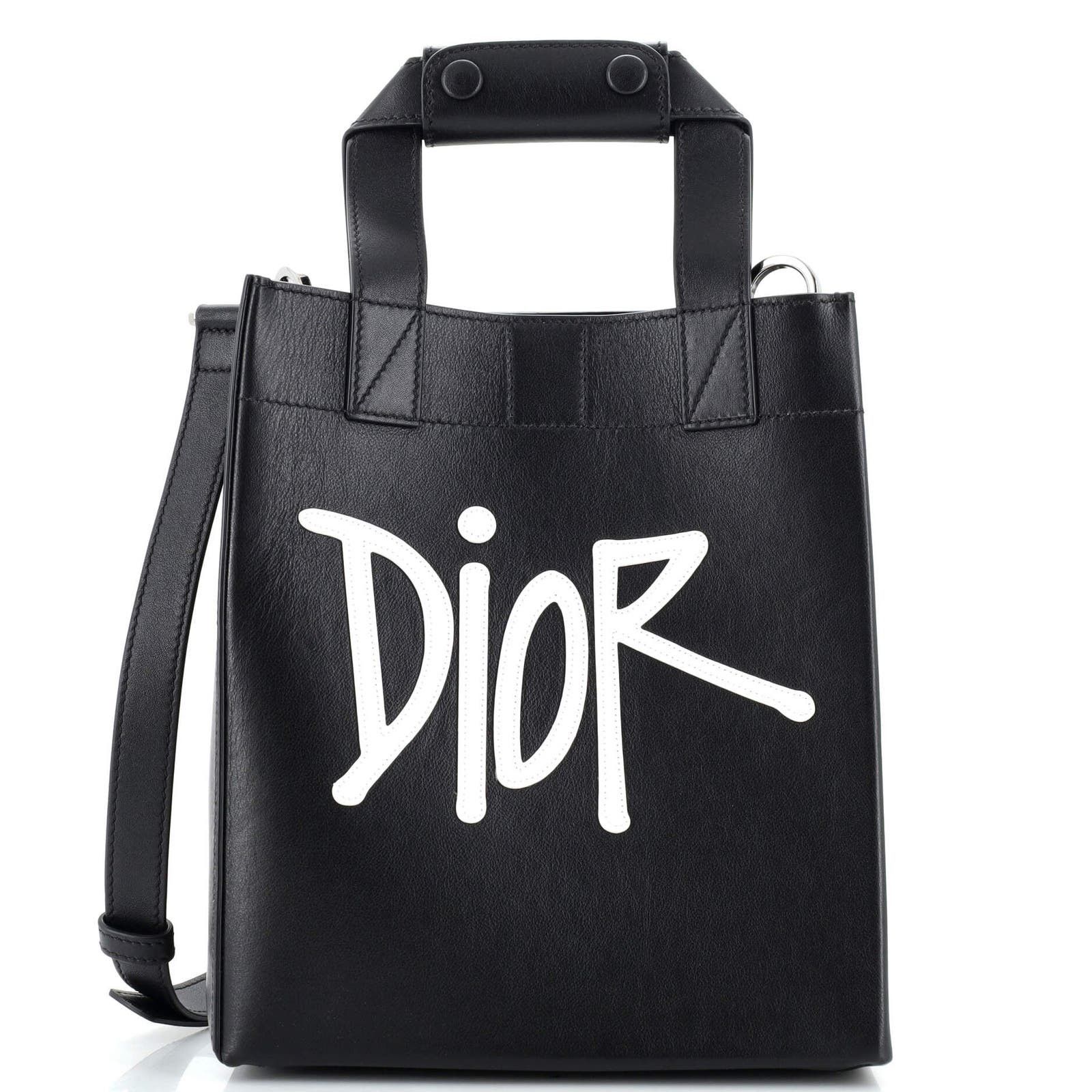 image of Dior X Shawn Stussy D-Dior Tote Leather With Applique Small in Black, Women's