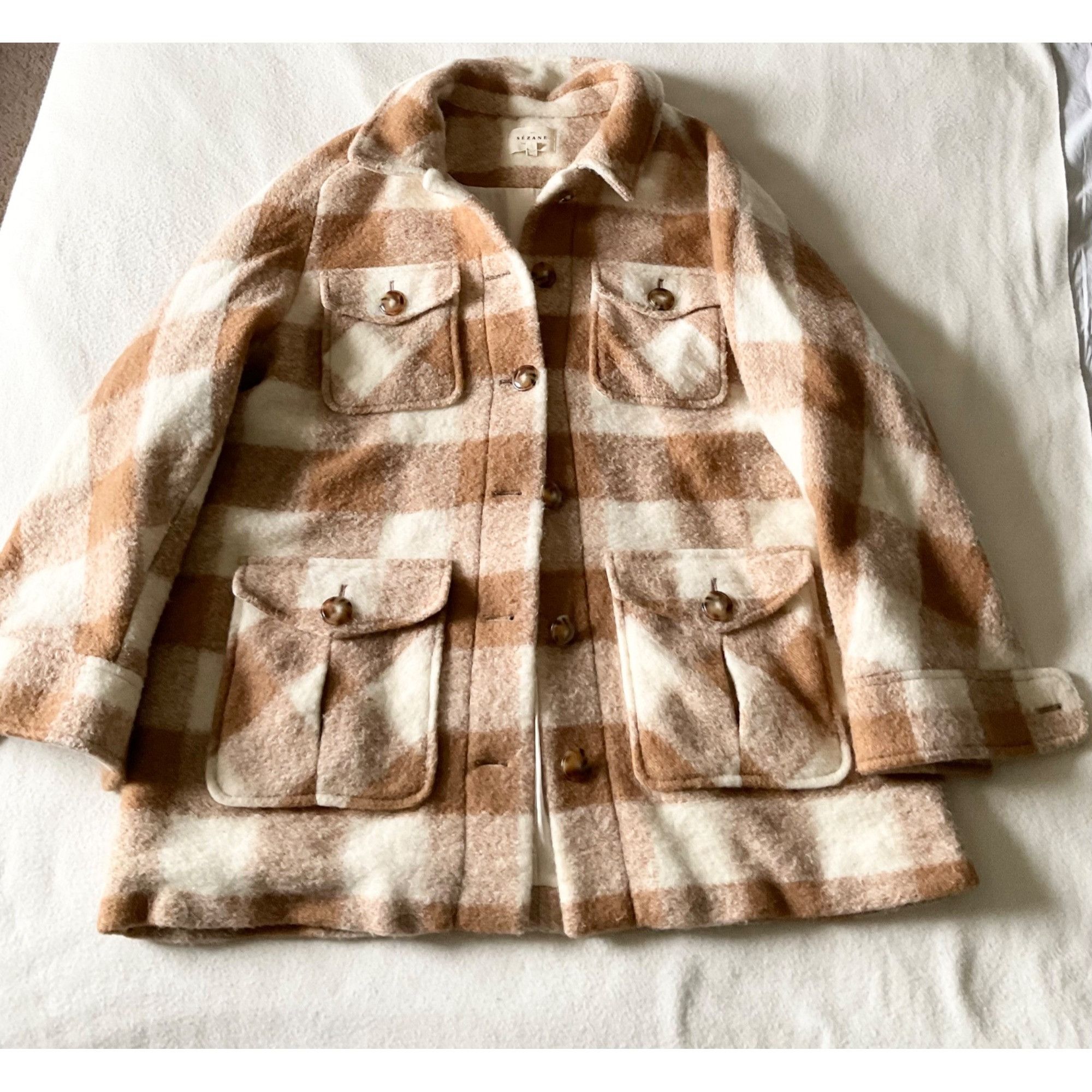Sezane Sezane Joe coat ecru beige plaid check SZ44 US BEIGE WHITE 1 Size XL / US 12-14 / IT 48-50 - 2 Thumbnail