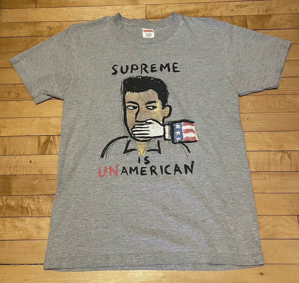 image of Supreme Is Unamerican T-Shirt Grey, Men's (Size Medium)
