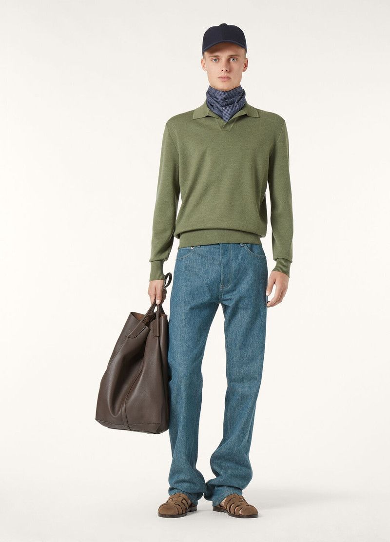 Loro Piana o1w1db10126 FAL5279 Buttonless Polo Shirt in Green Size US L / EU 52-54 / 3 - 2 Thumbnail