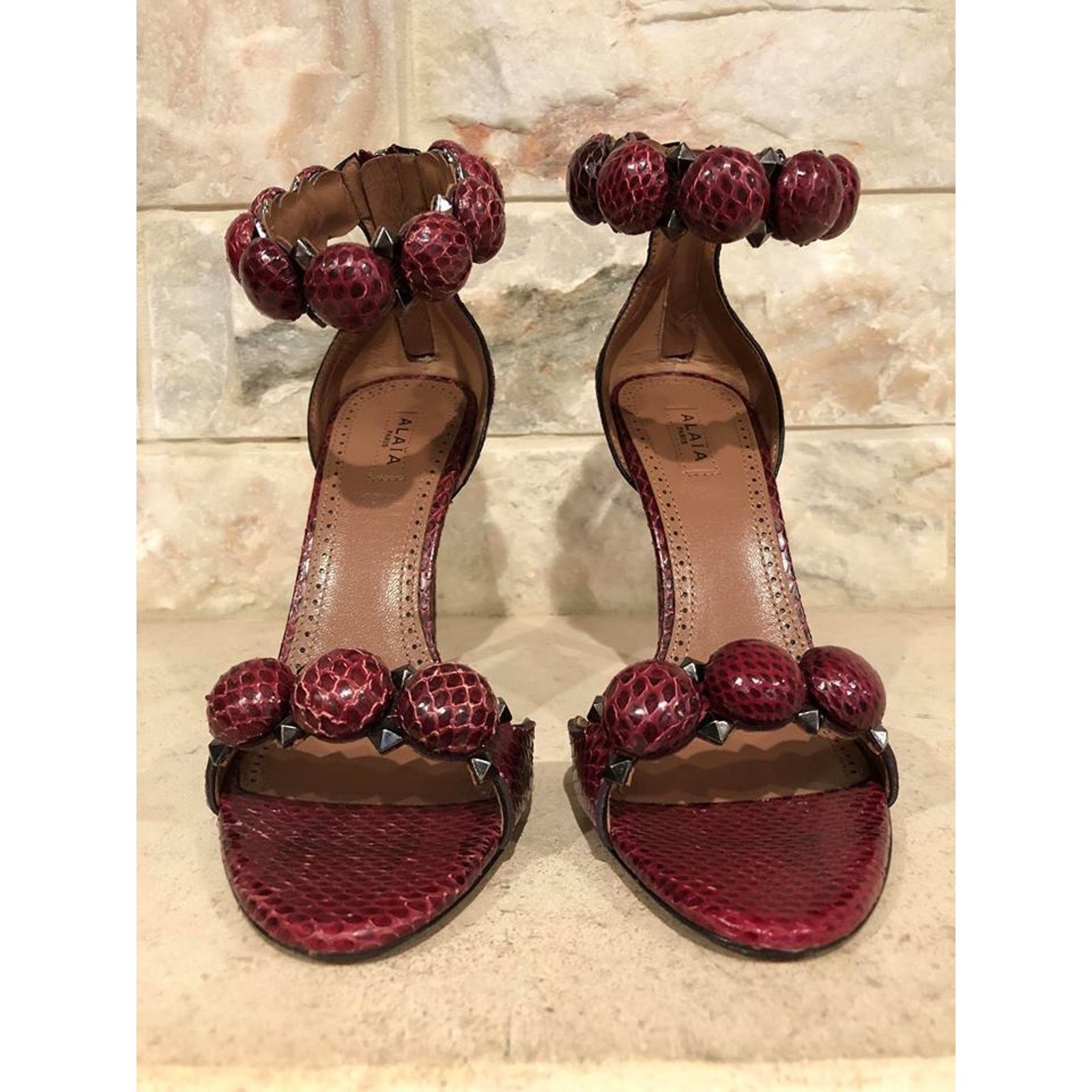 Alaia Bombe Red Snakeskin Studded Ankle Strap Sandal 36