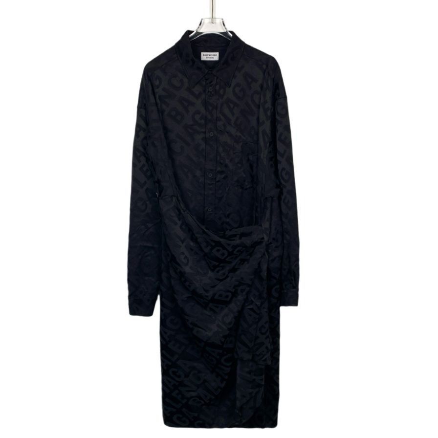 Balenciaga Balenciaga Black Satin Logo Jacquard Long-Sleeve Shirt Dress Size S / US 4 / IT 40 - 1 Thumbnail