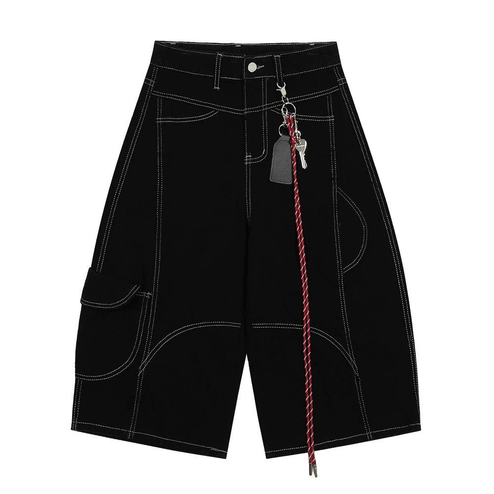 Men's loose patchwork pocket wide-leg casual denim shorts
