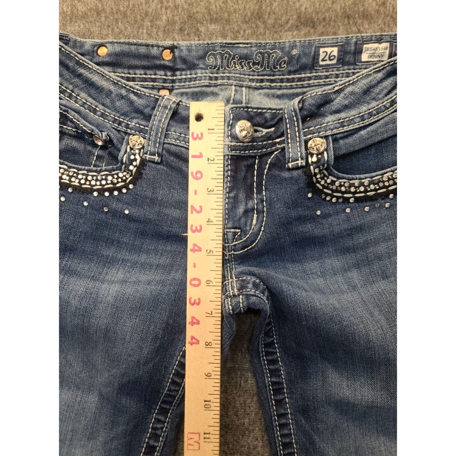 Miss Me Miss Me Jeans Womens 26x30 Skinnty Fit Tapered Leg Embroidered Rhinestone Cowgirlcore Denim Blue 30in Inseam Regular Fit 5-Pocket Womens Jeans Size 26" / US 2 / IT 38 - 5 Thumbnail
