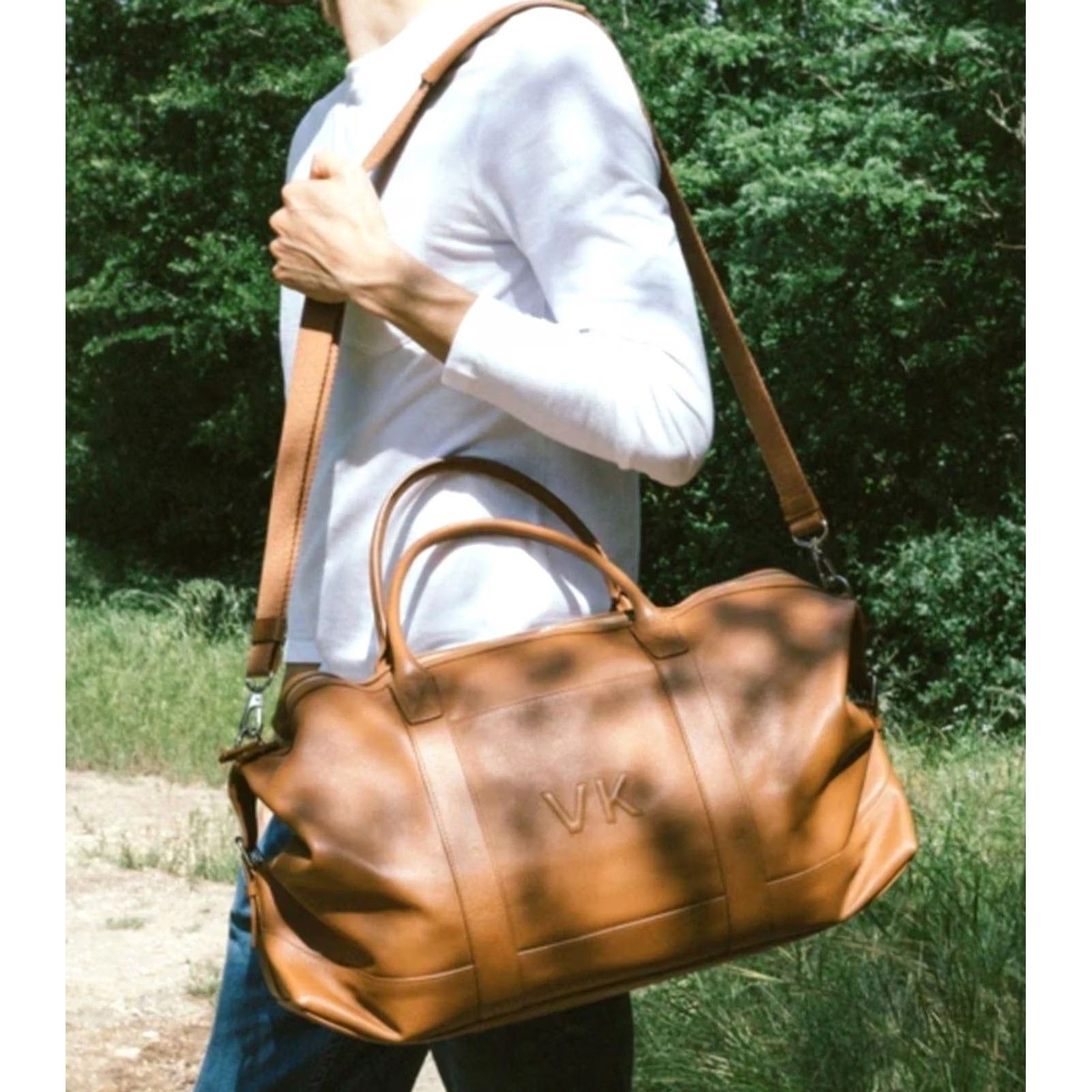 Vintage Leatherology Kessler Medium Duffel Bag Cognac Leather Weekender Travel 22" Brown Mens Adjustable Strap Inner Pockets Canvas Lining NWOT Size ONE SIZE - 3 Thumbnail