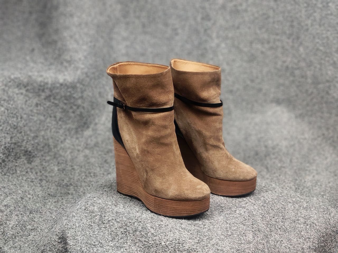 Chloé Marron Suede Beige Wedge Wooden Platform Heel Boots
