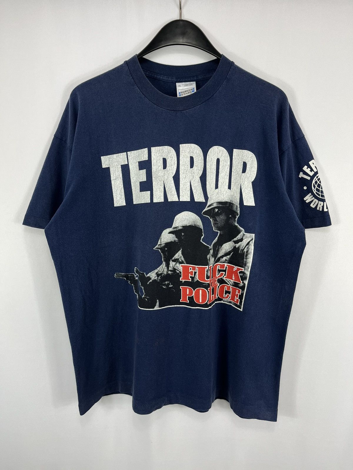 image of Art x Terror 1989 Don Rock Terror Worldwide Fuck The Police T-Shirt in Blue, Men's (Size XL)