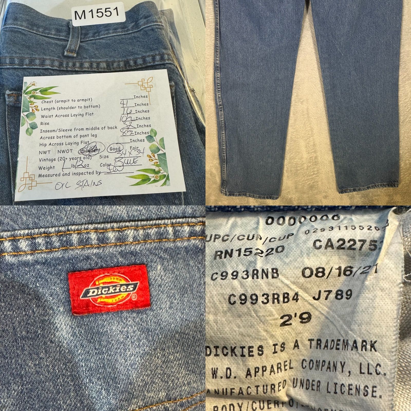 Dickies Dickies Carpenter Jeans Mens 34x34 Blue Denim Regular Fit Workwear Size US 34 / EU 50 - 8 Thumbnail