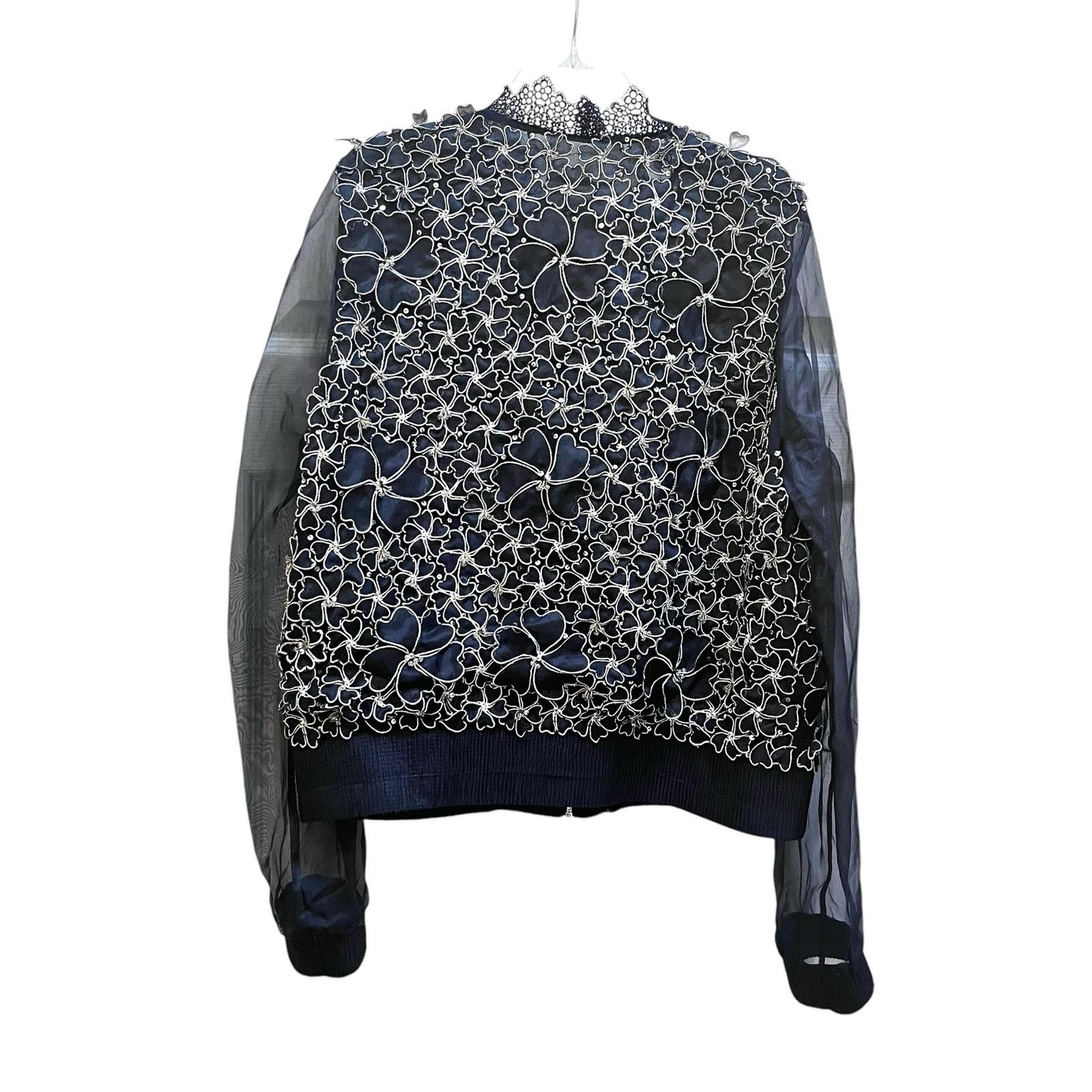 Elie Tahari Elie Tahari Navy Silver Floral Sheer Silk Bomber Jacket Size M / US 6-8 / IT 42-44 - 6 Thumbnail