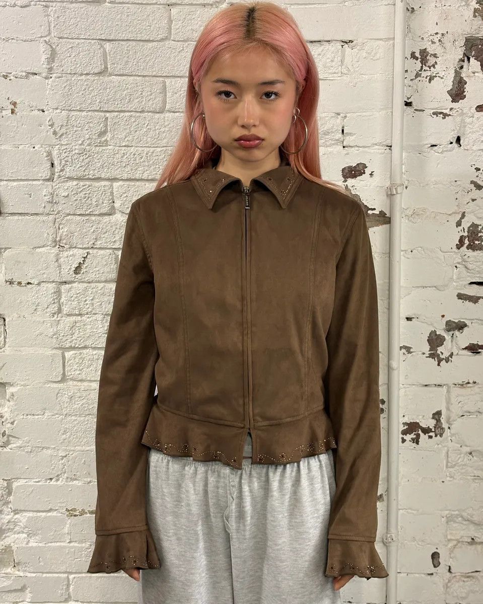 Moschino 2000s Moschino Studded Ruffle Brown Suede Jacket Size M / US 6-8 / IT 42-44 - 2 Thumbnail