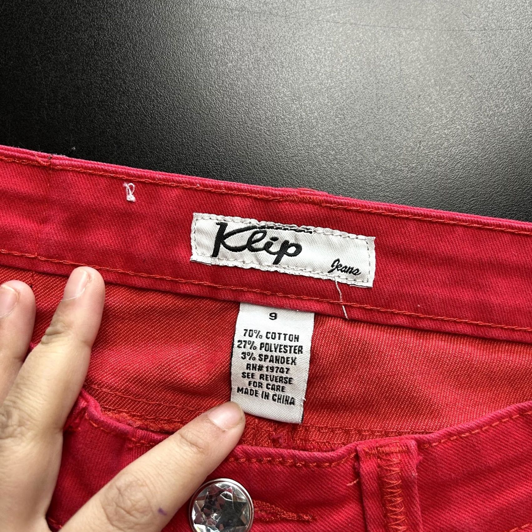 Denime Y2K Klip Jeans Womens 9 Red Mid Rise Skinny Stretch Denim Rhinestone Embroidered Embellished Size 30" / US 8 / IT 44 - 5 Thumbnail