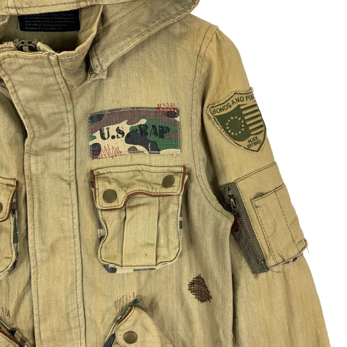 Japanese Brand × Vintage VINTAGE B.A.P MILITARY STYLE PATCH WORK HOODIE DENIM JACKET Size US M / EU 48-50 / 2 - 6 Thumbnail