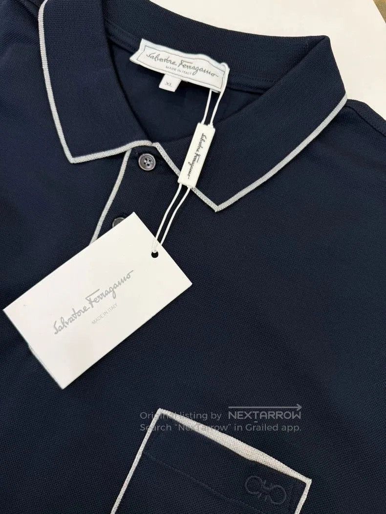 Vintage Ferragamo Men's Navy Collar Polo Shirt. Size US XL / EU 56 / 4 - 6 Thumbnail