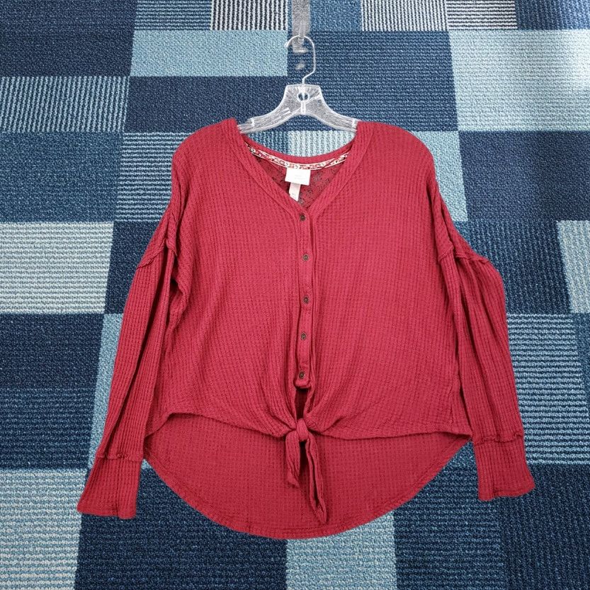 Vintage Knox Rose Shirt Womens XS Button-Up Long Sleeve Waffle Knit Red Floral Pattern Size S / US 4 / IT 40 - 1 Thumbnail