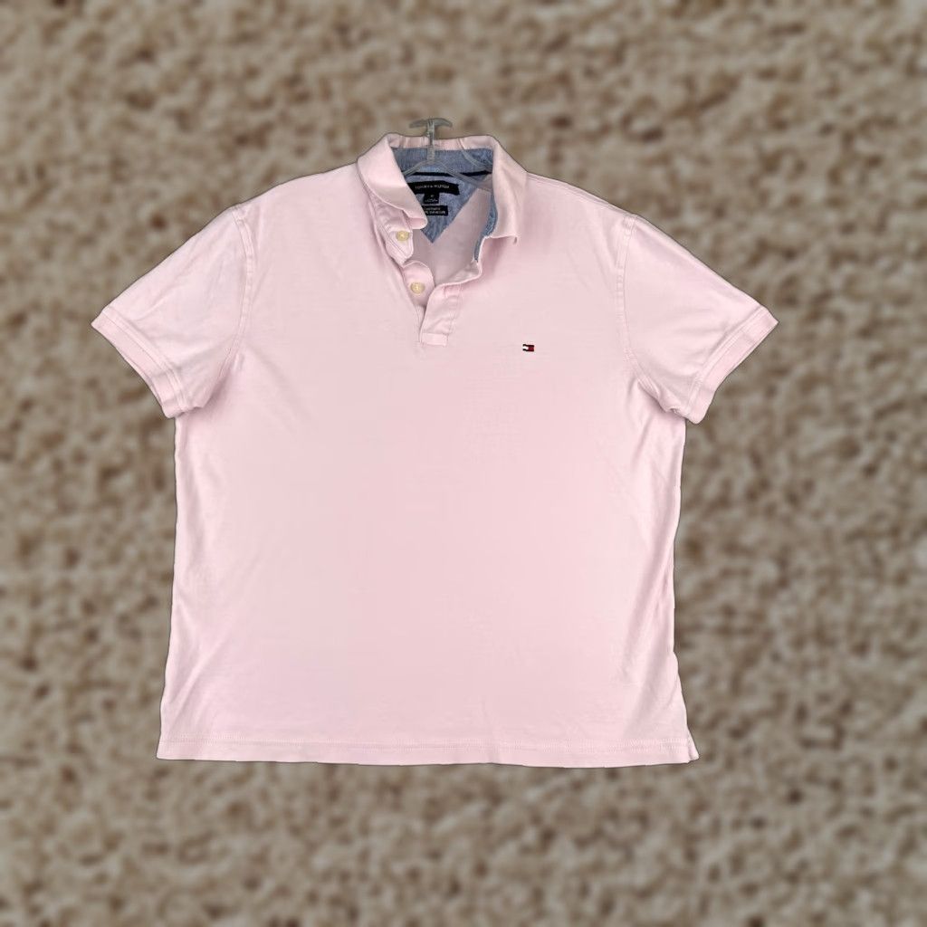 Tommy Hilfiger Polo Shirt Men Medium Pink 100% Cotton Custom Fit Short Sleeve