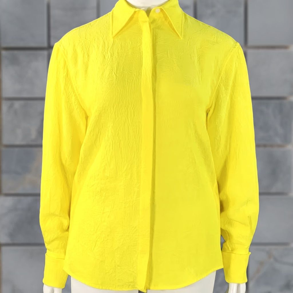 Proenza Schouler PROENZA SCHOULER Shirt L Neon Yellow Wrinkled Acetate Hidden Placket Womens Size L / US 10 / IT 46 - 1 Thumbnail