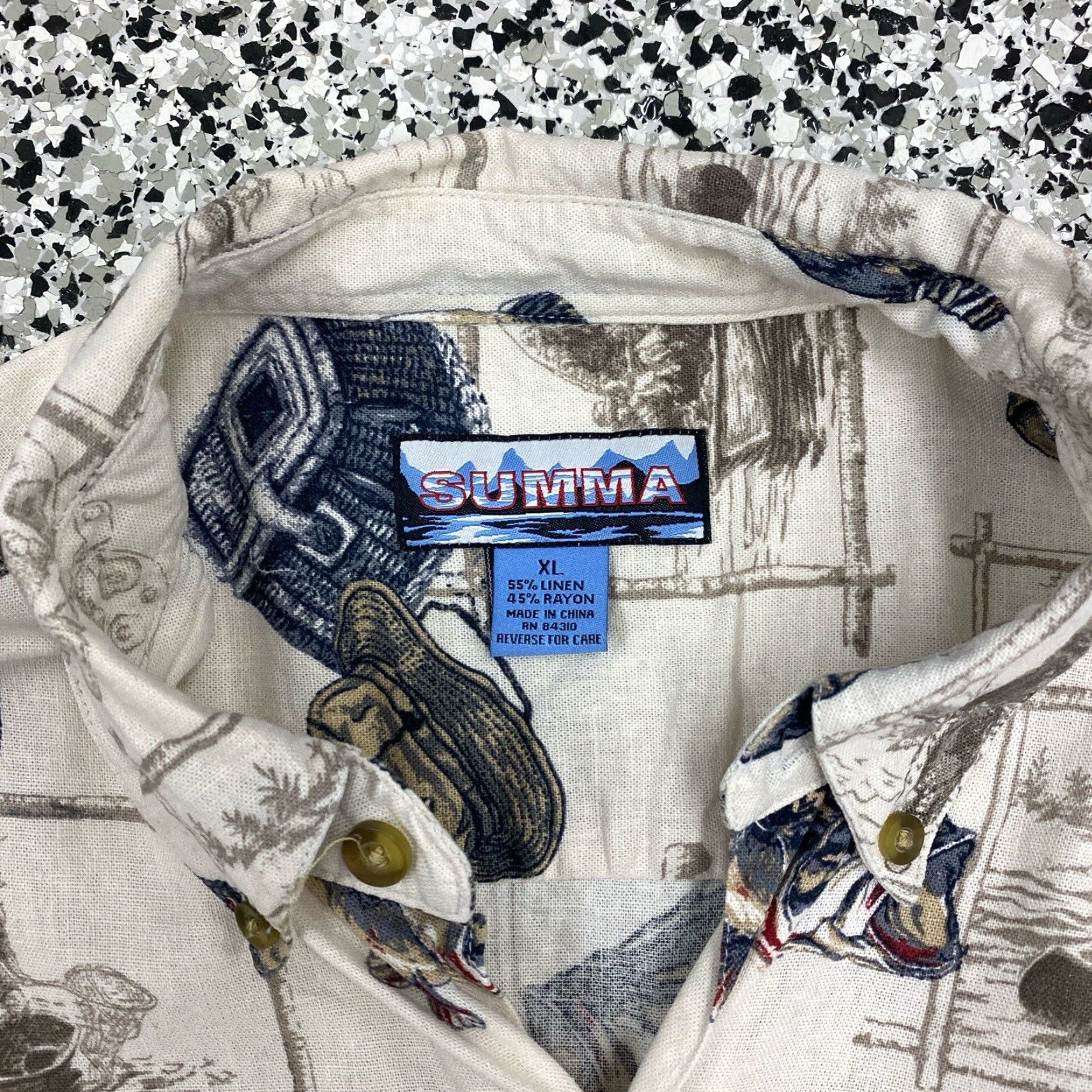 Vintage VINTAGE Summa Hawaiian Shirt Mens XL Fisherman Fish Print Rayon Linen Shirt Regular Bleached Blue 90s American Outdoor Retro Mens Size US XL / EU 56 / 4 - 2 Thumbnail