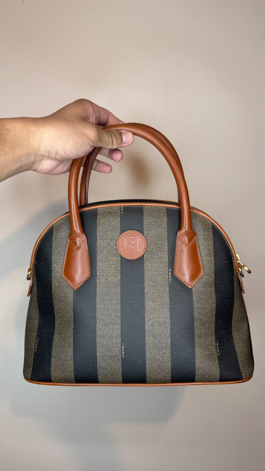 Fendi Fendi Brown Striped Pequin Canvas Dome Handbag with Leather Size ONE SIZE - 1 Thumbnail