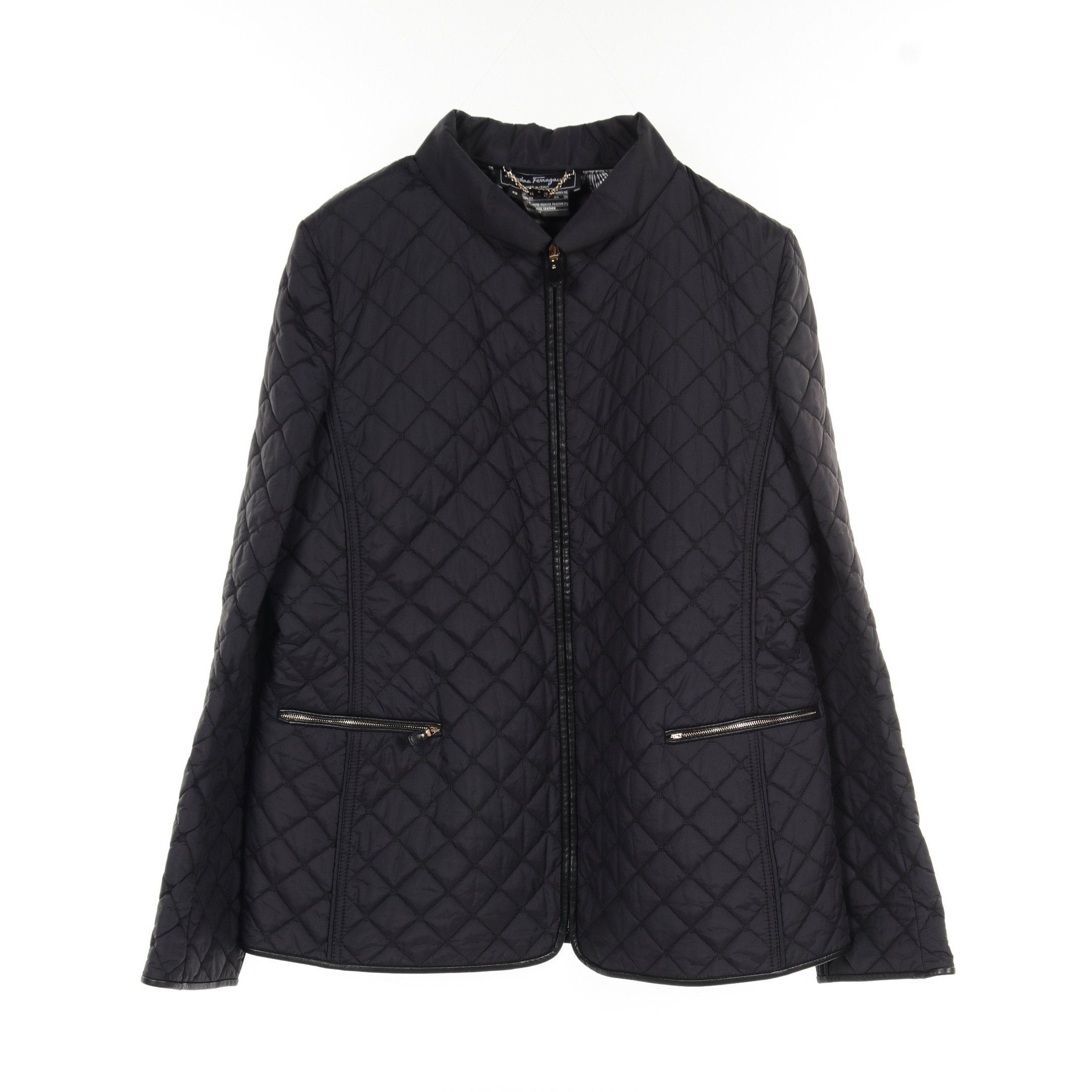 image of Salvatore Ferragamo Quilted Coat Nylon Black Leather Trim, Women's