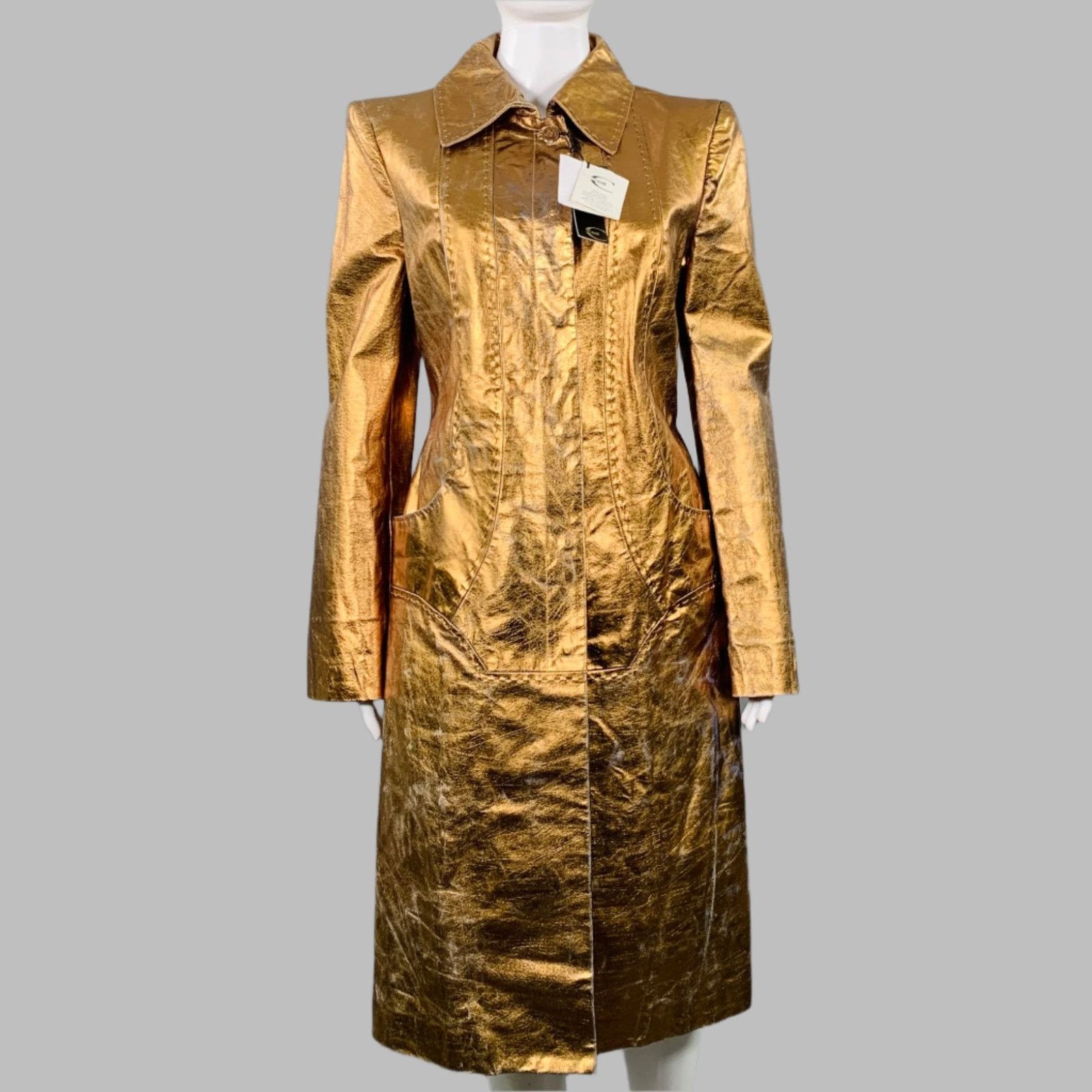 Just Cavalli Size 4 Gold Metallic Leather Distressed Snaps Coat Size S / US 4 / IT 40 - 1 Thumbnail