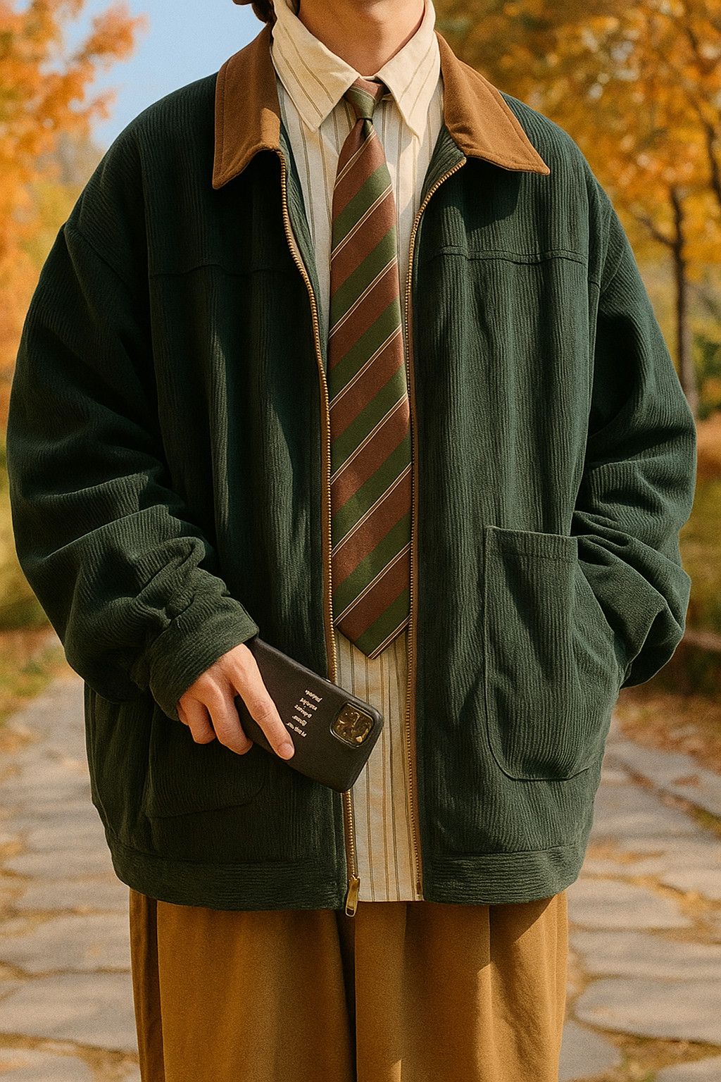 Other Vintage Corduroy Zip-Up Jacket – Forest Green & Tan Collar Size US M / EU 48-50 / 2 - 1 Thumbnail