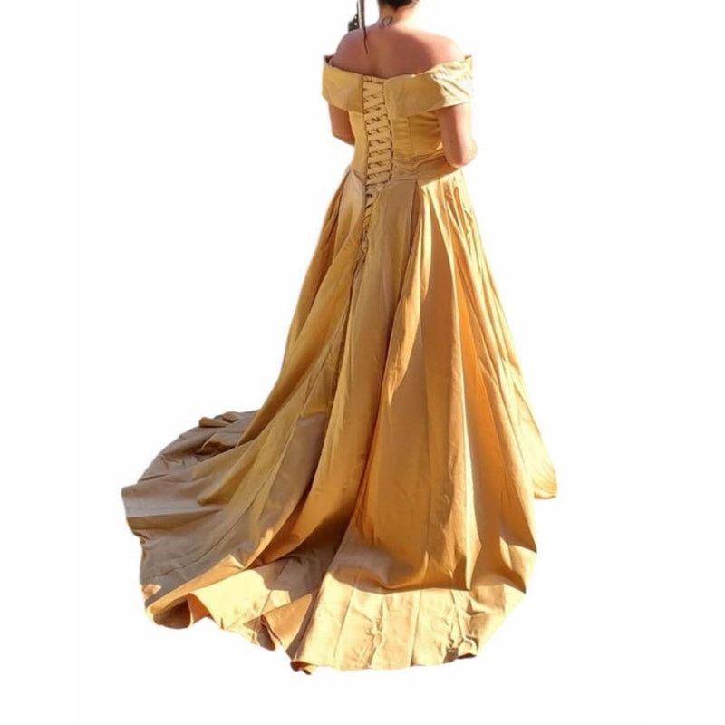 Other Gold Wedding Guest Off The Shoulder A-Line Slit Formal Dress Size L / US 10 / IT 46 - 1 Thumbnail