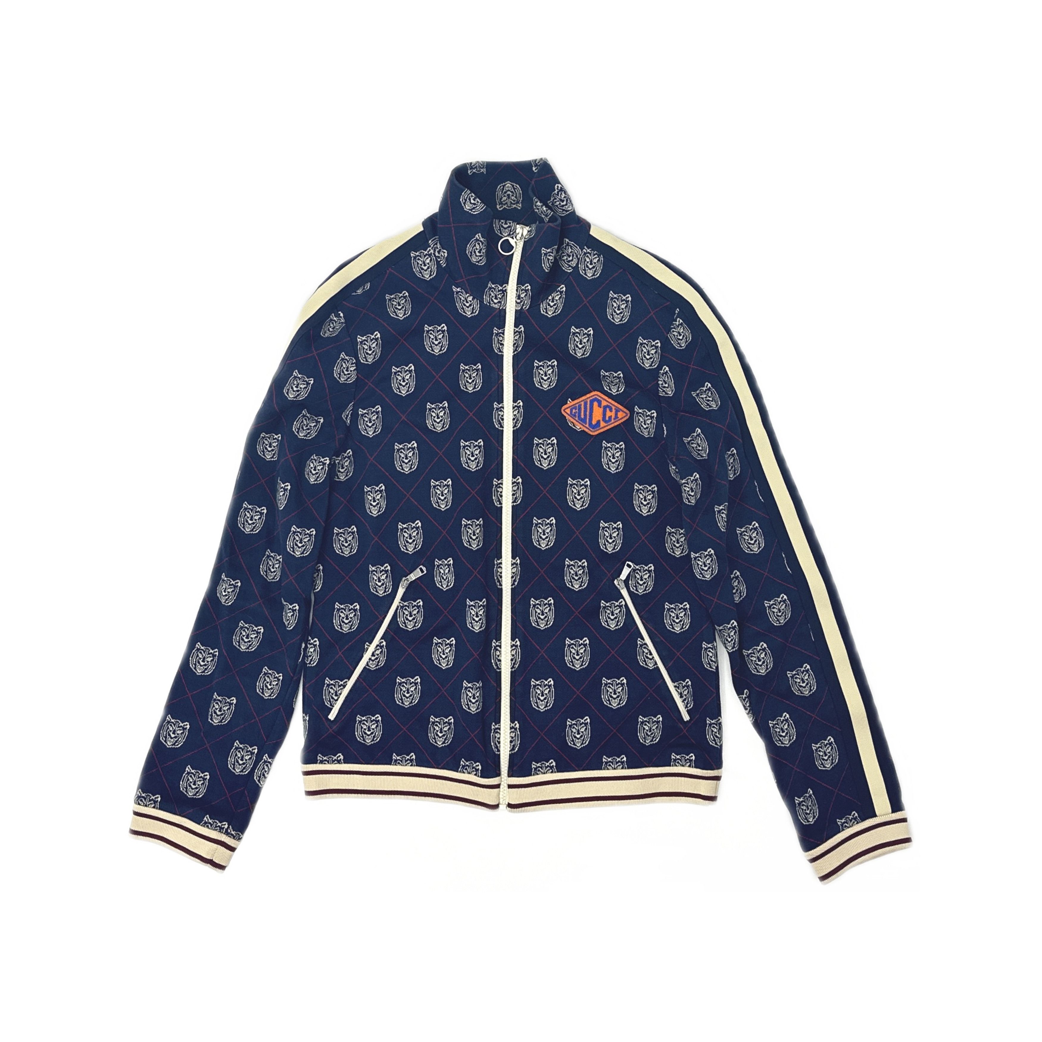 Gucci GUCCI Web Logo Navy Blue Jersey Track Zip-Up Jacket | Grailed